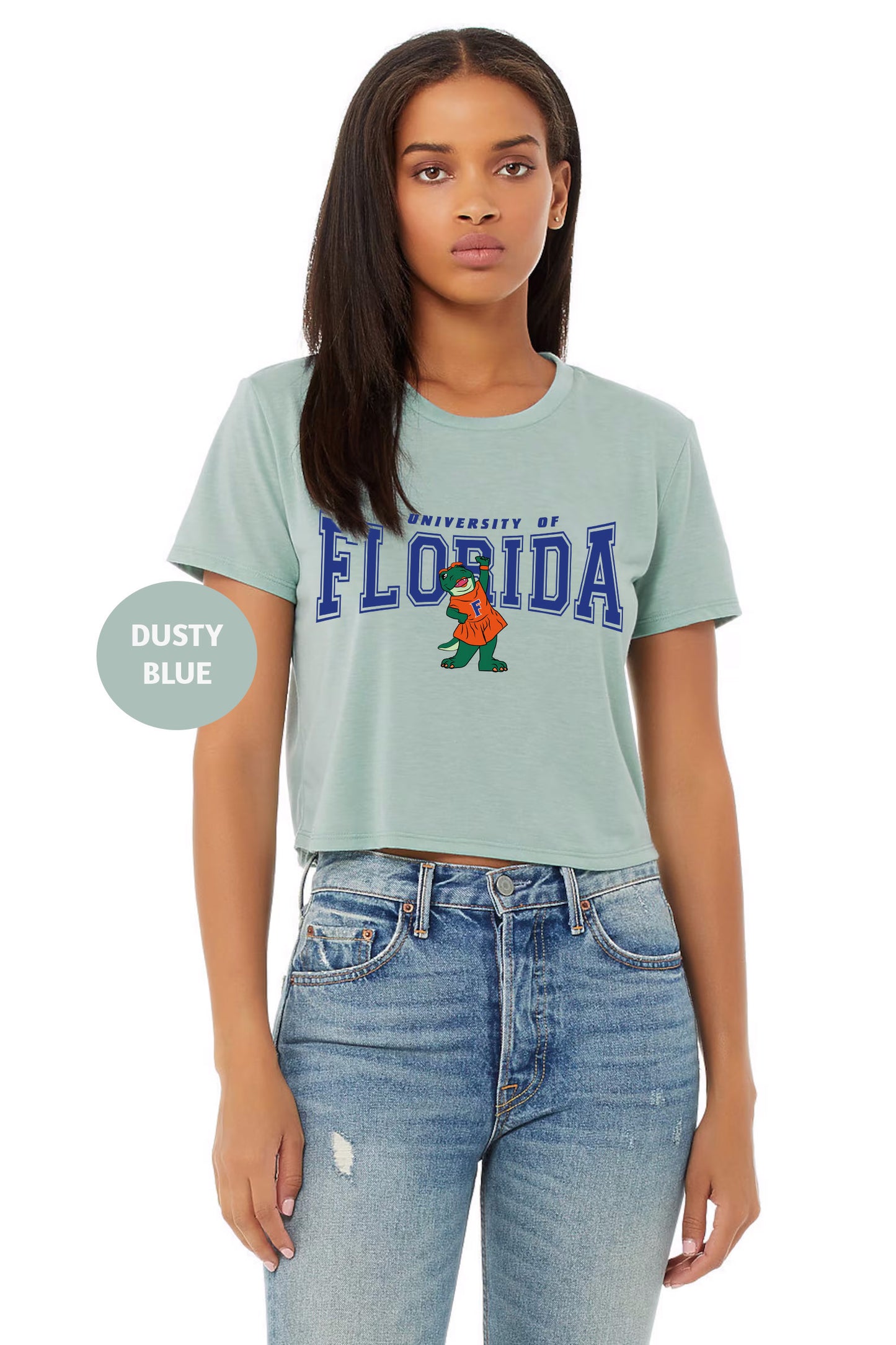 a woman wearing a florida t - shirt and jeans