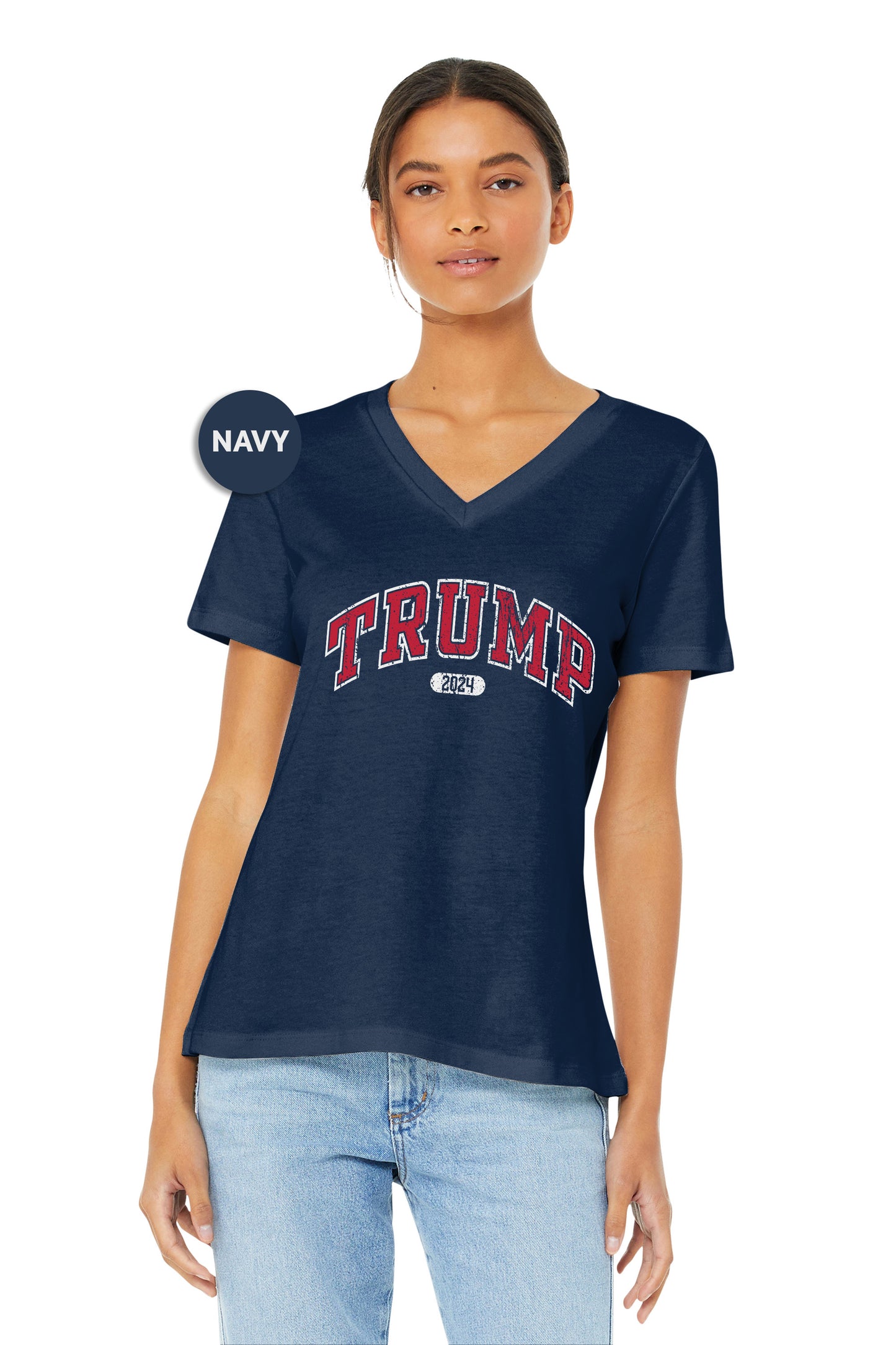 a woman wearing a navy shirt with the word trump on it