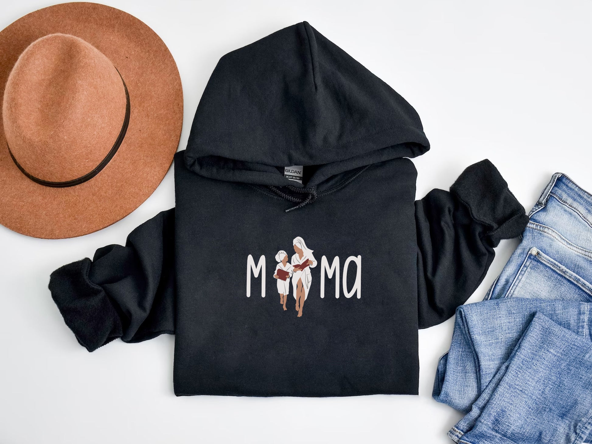 a black hoodie with the word mom printed on it