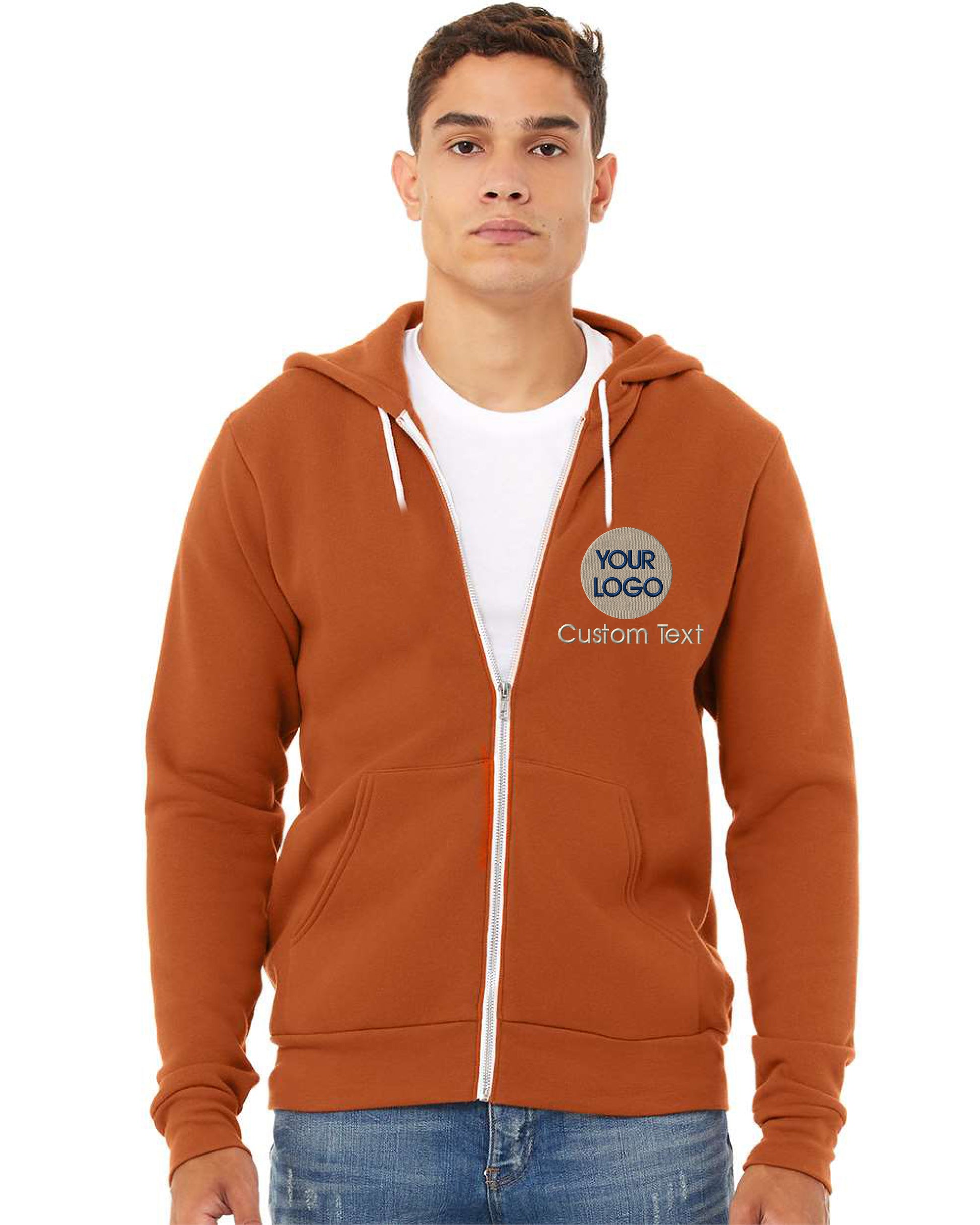 a man wearing an orange zip up hoodie