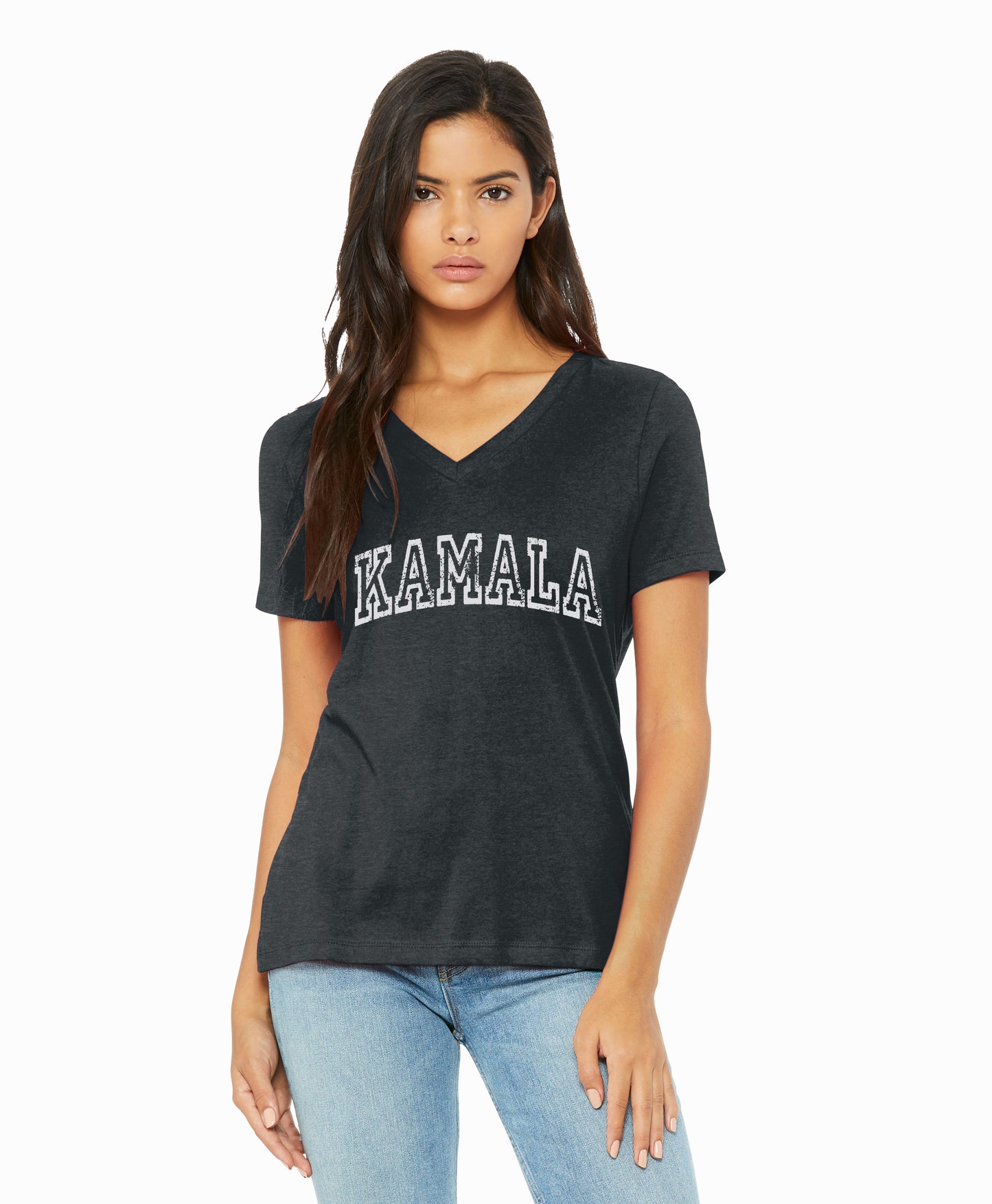 a woman wearing a black shirt with the word ramala printed on it