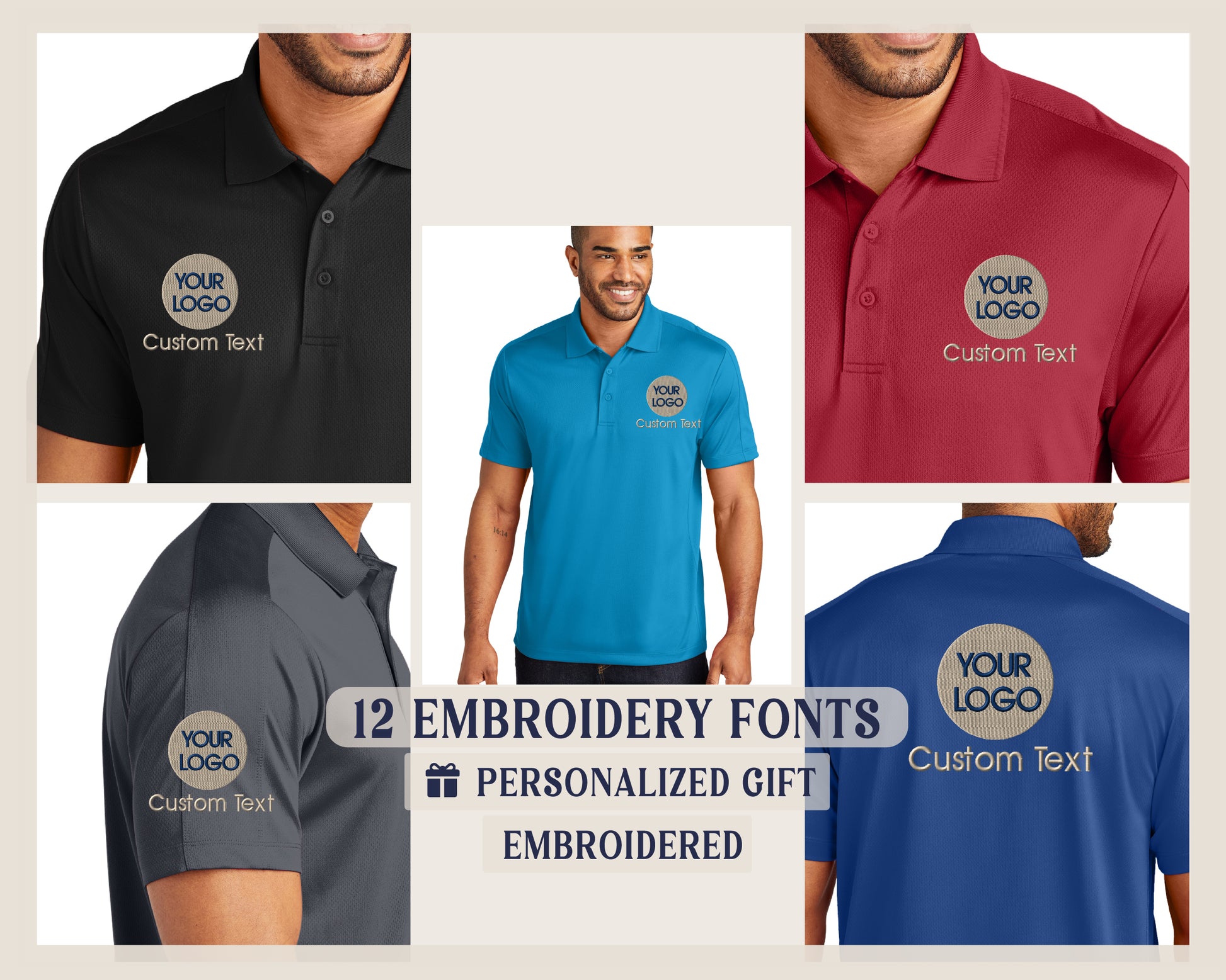a group of men's polo shirts with custom logos