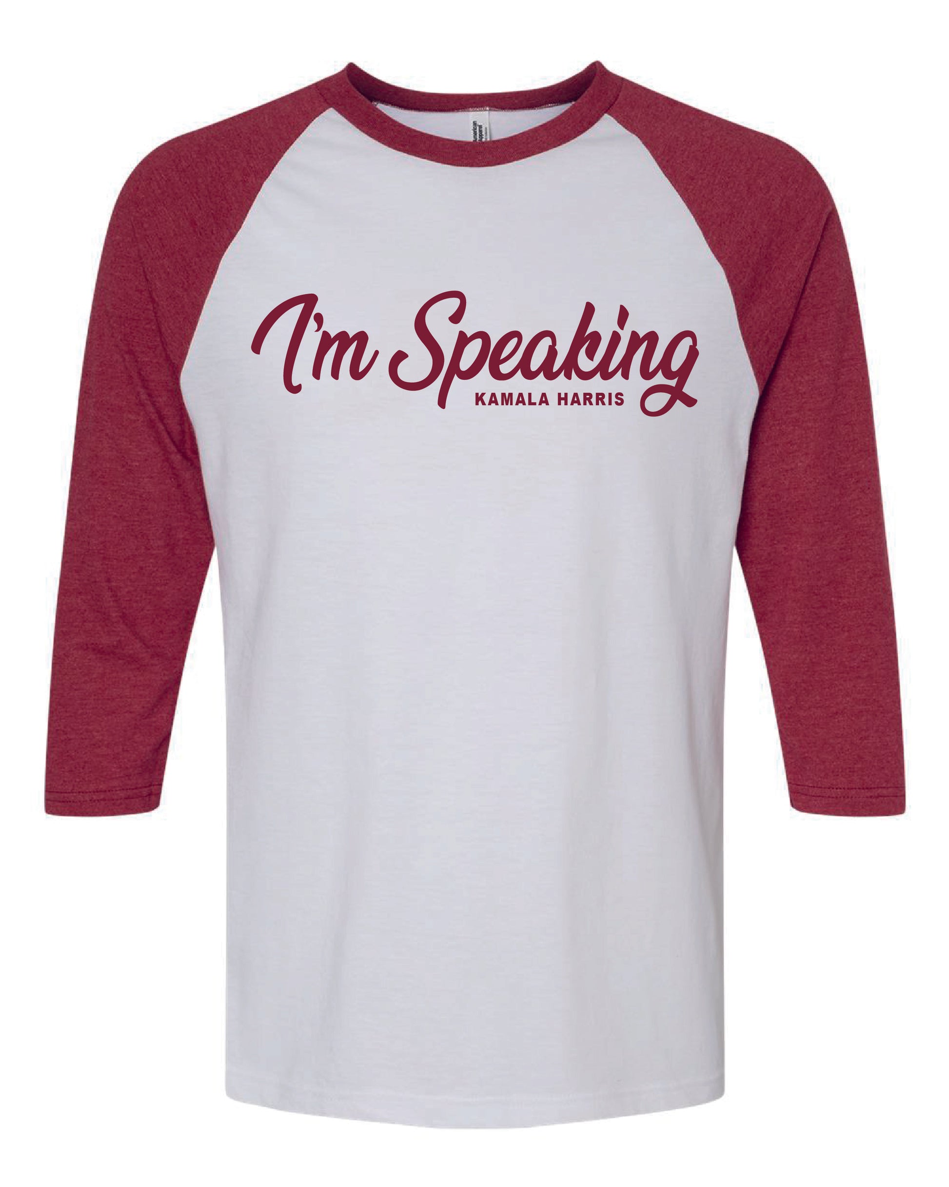 a red and white baseball shirt that says i'm speaking