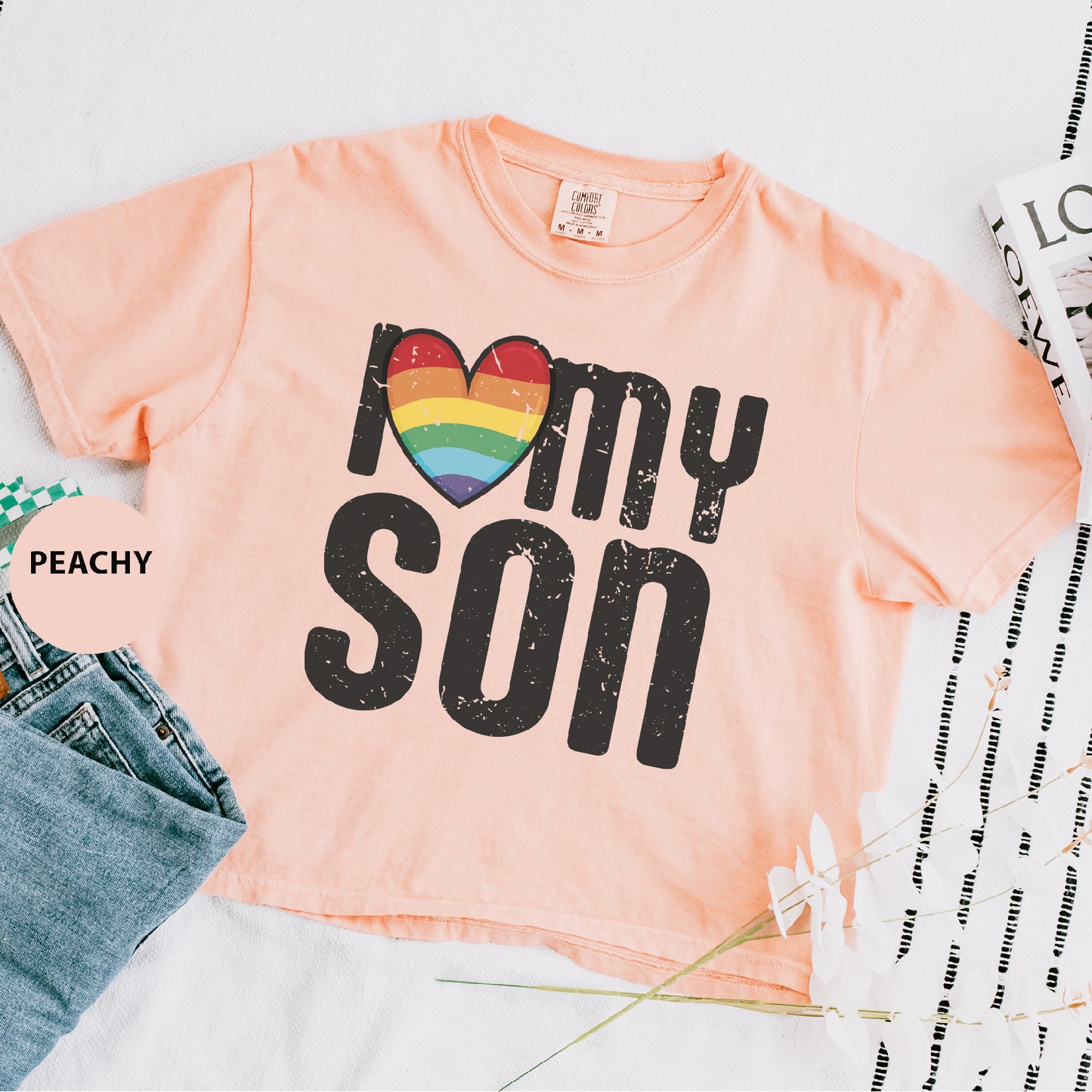 a t - shirt that says i love my son with a rainbow heart