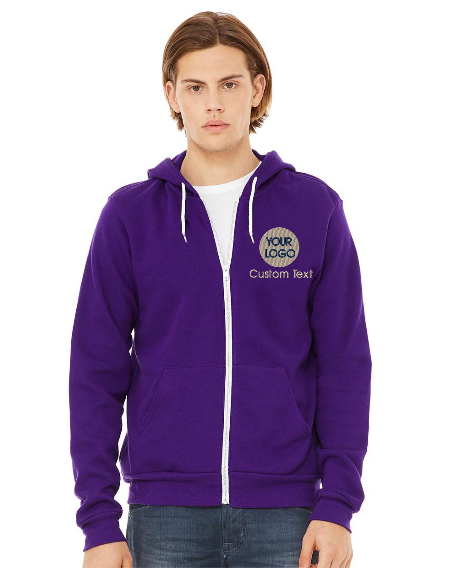 a man wearing a purple hoodie with the words custom text on it