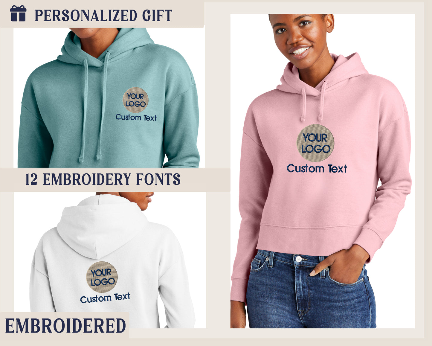 a woman wearing a pink and blue hoodie