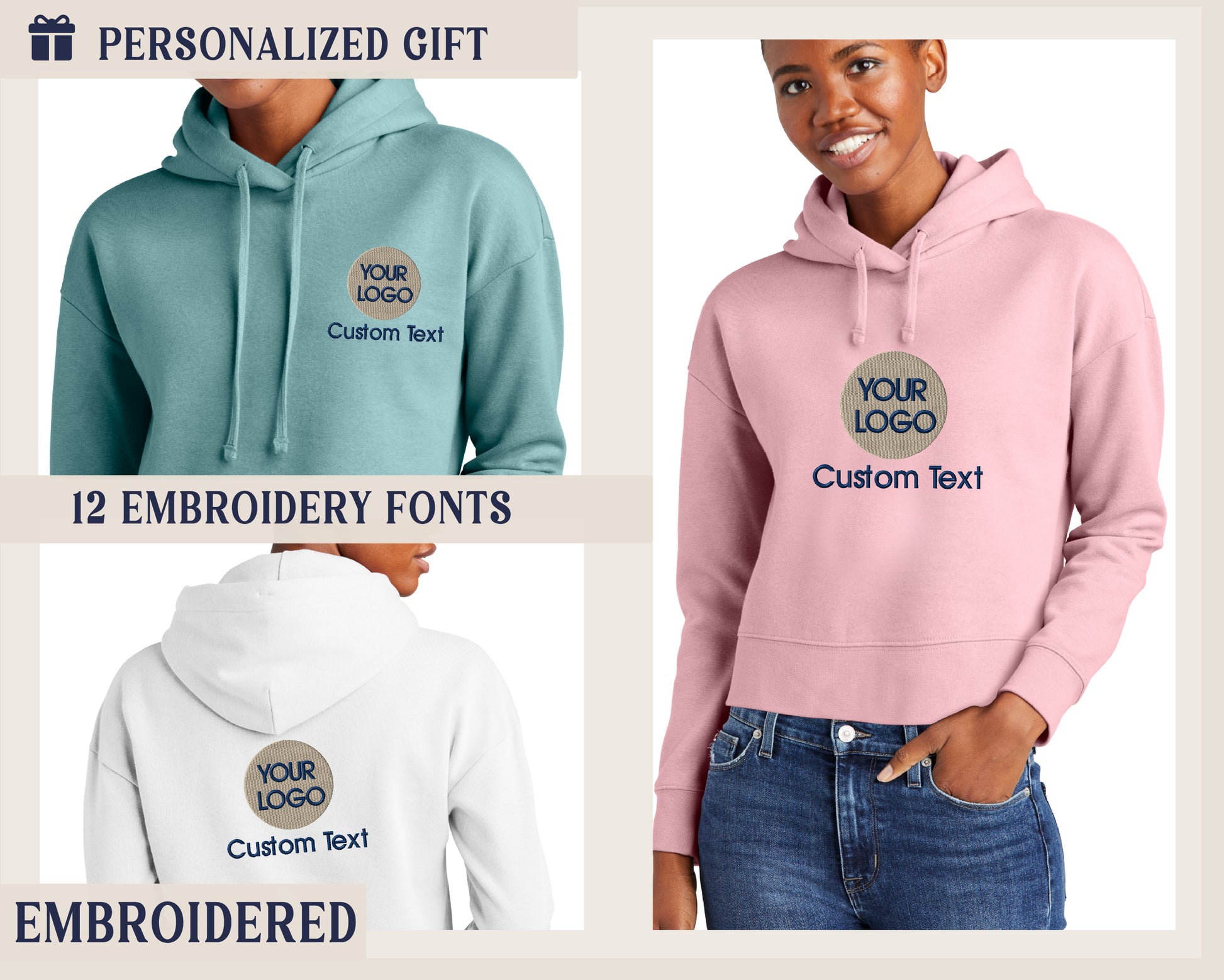 a woman wearing a pink and blue hoodie