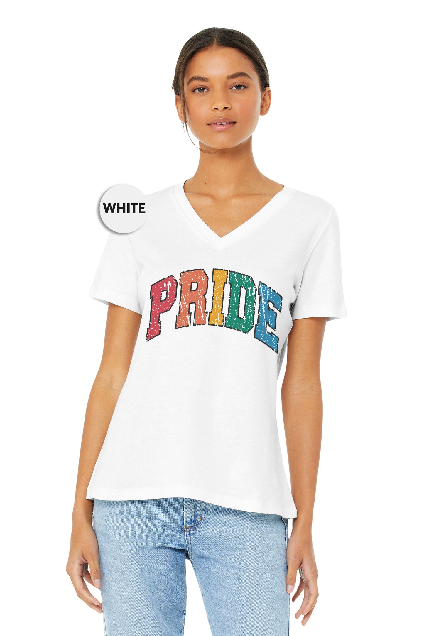 a woman wearing a white shirt with the word pride on it