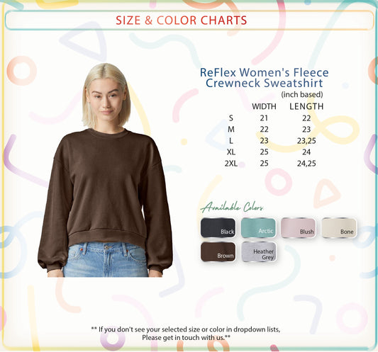 a woman wearing a brown crew neck sweater, with a size and color chart provided.