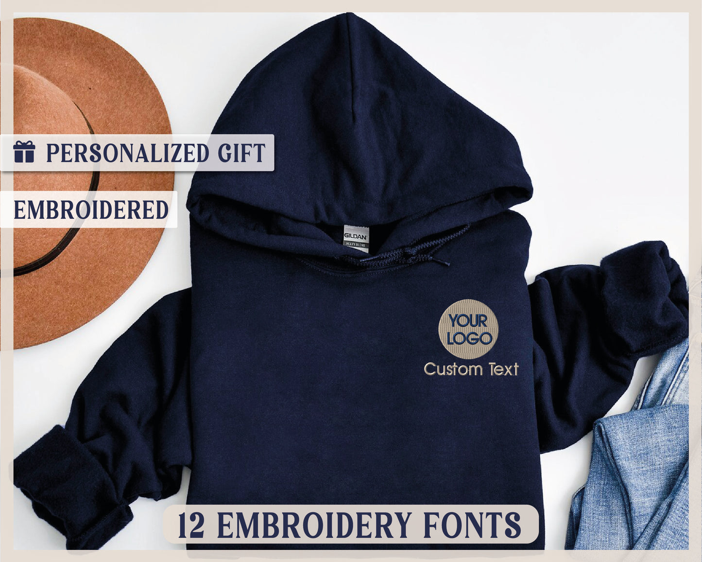 a blue hoodie with the words your logo printed on it