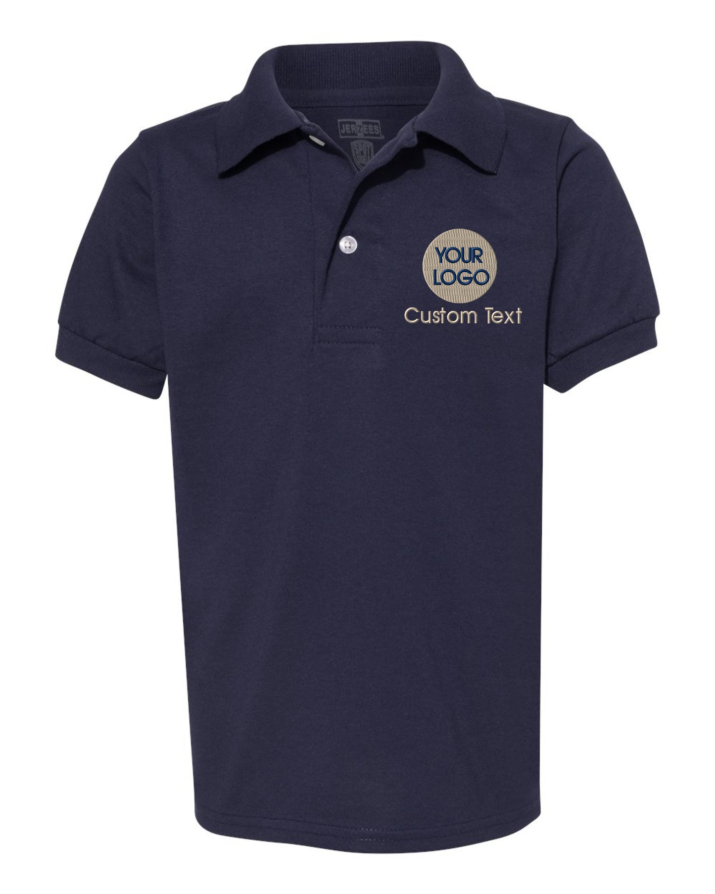 a blue polo shirt with the words your logo on it