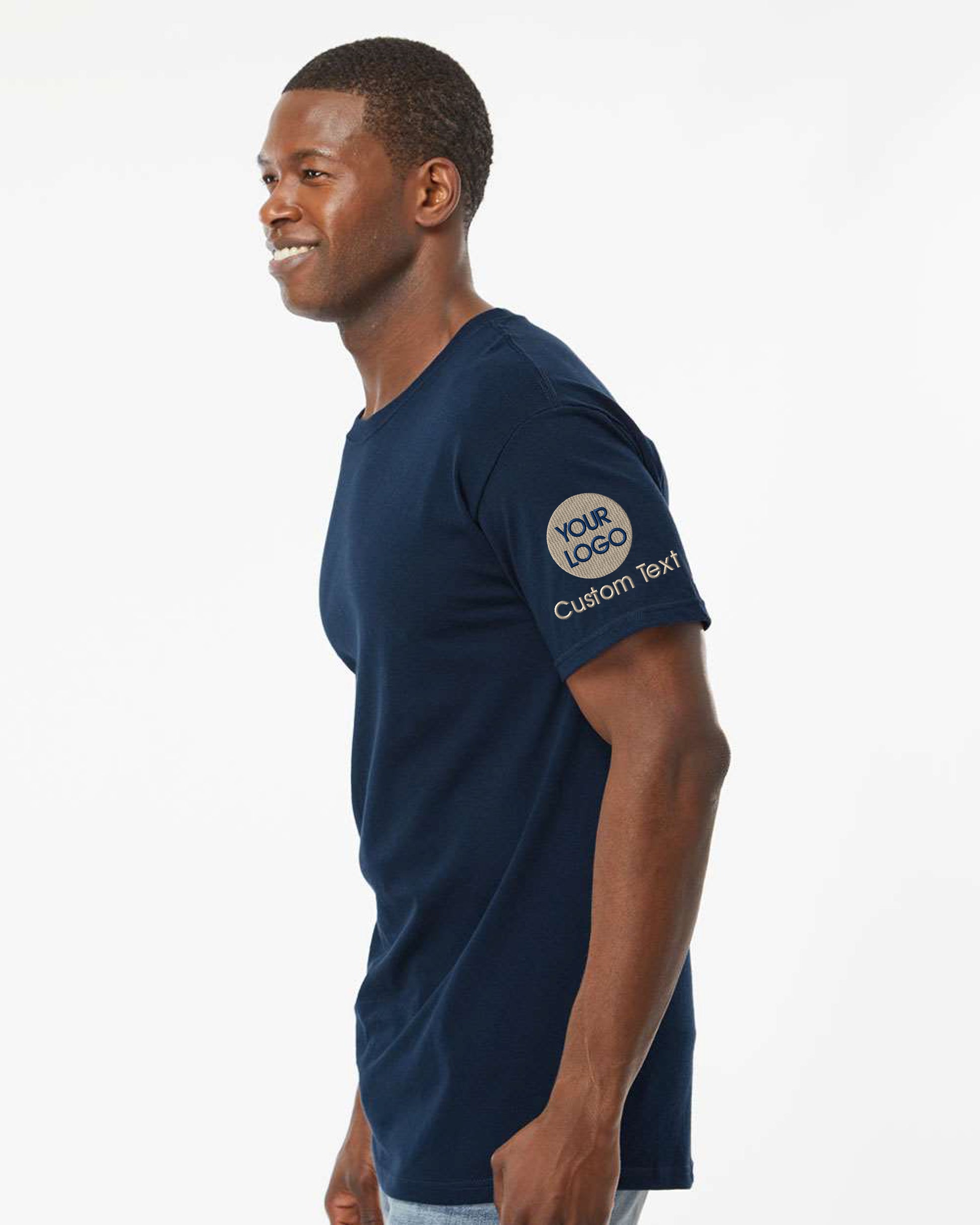 a man in a blue shirt is smiling