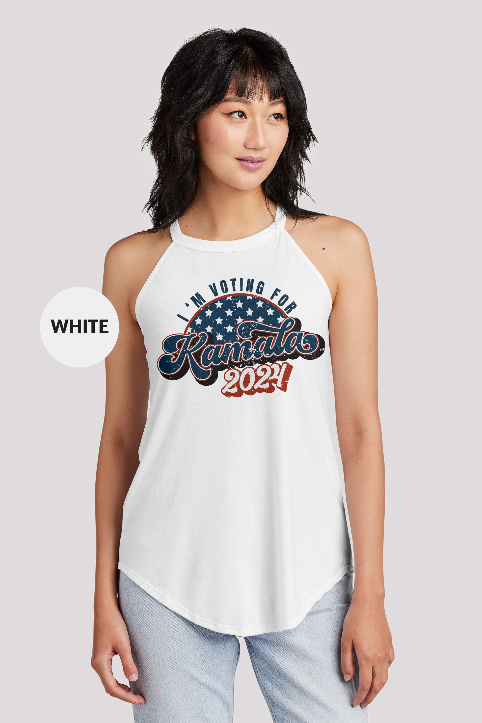 a woman wearing a white tank top that says i am voting for kansas
