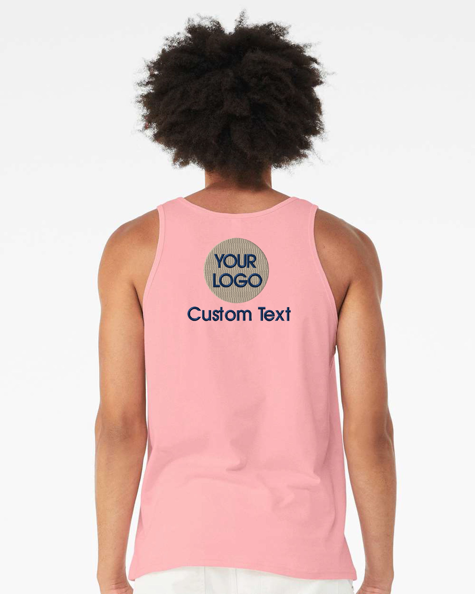 a man wearing a pink tank top with the words your logo on it