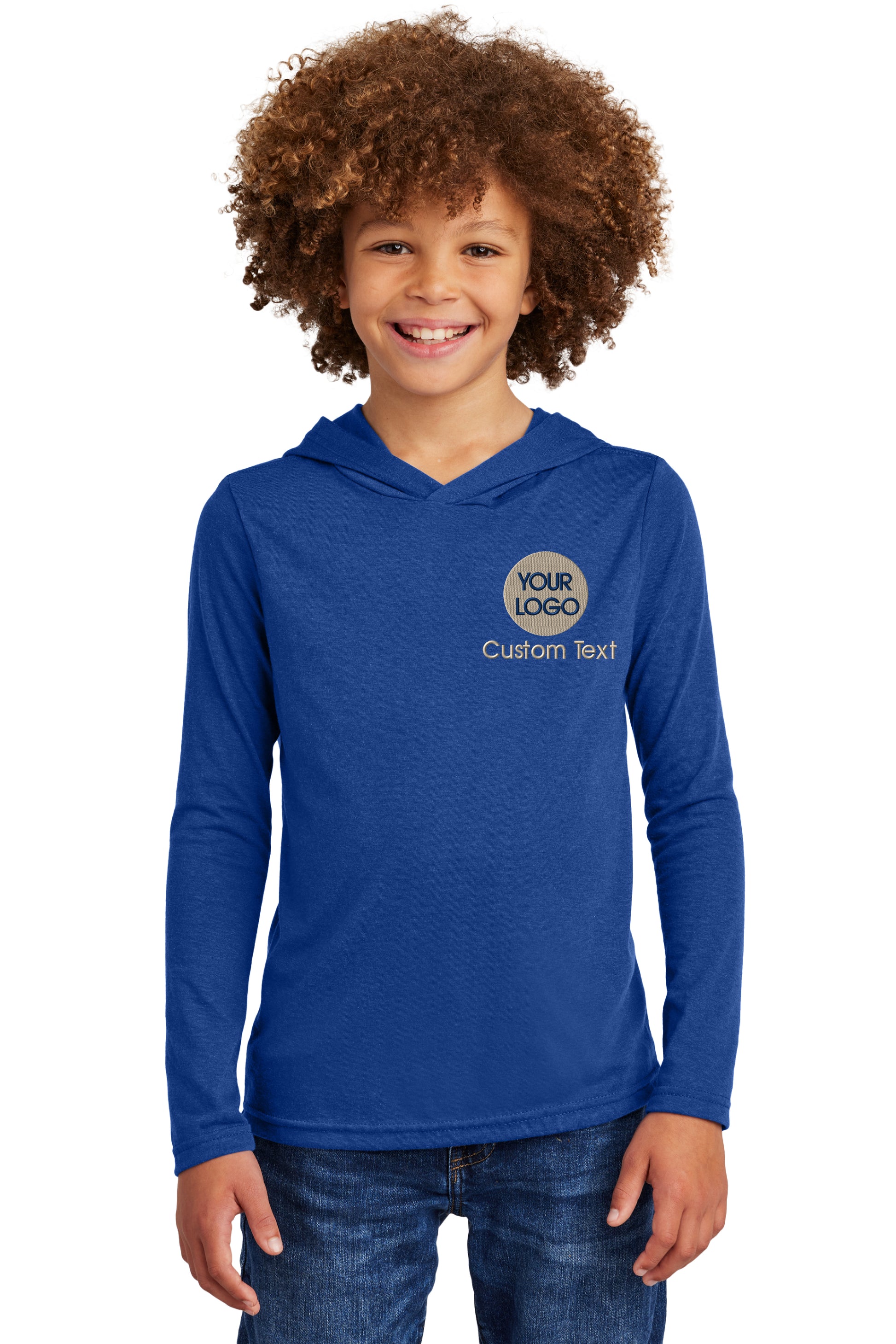 a young boy wearing a blue hoodie with a logo on it