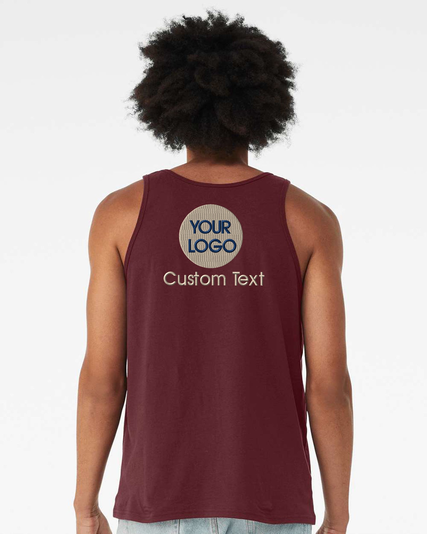 a man wearing a maroon tank top with the words your logo on it