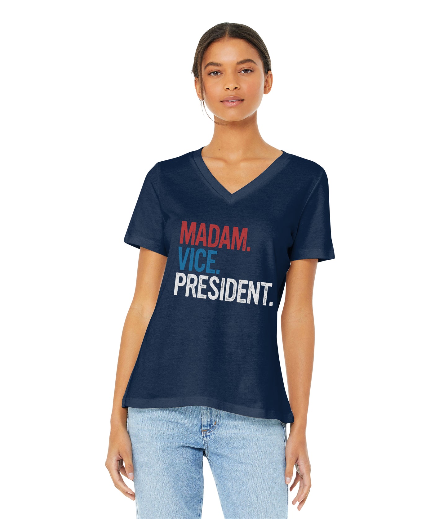 a woman wearing a blue shirt that says madam vice president