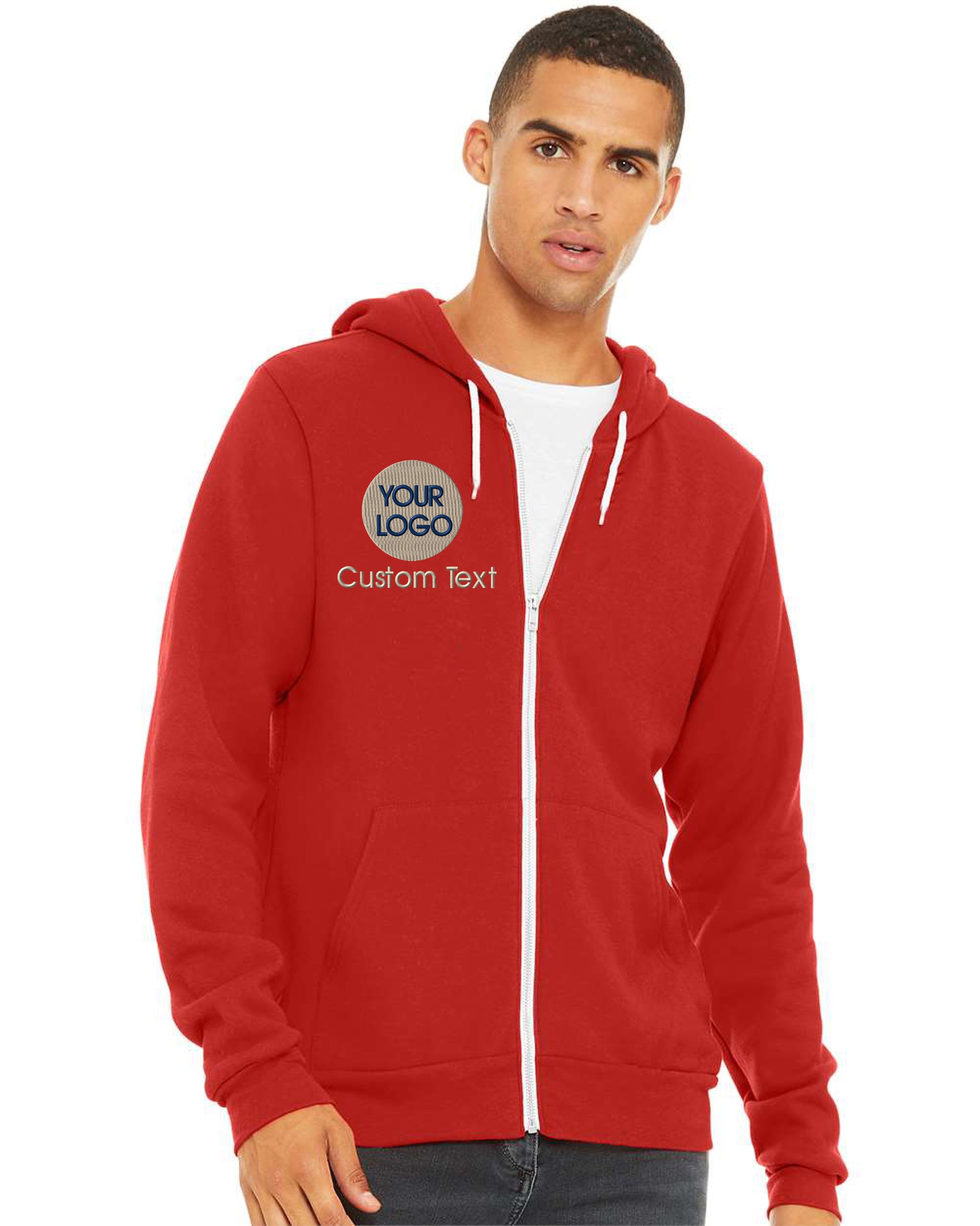 a man wearing a red zip up hoodie