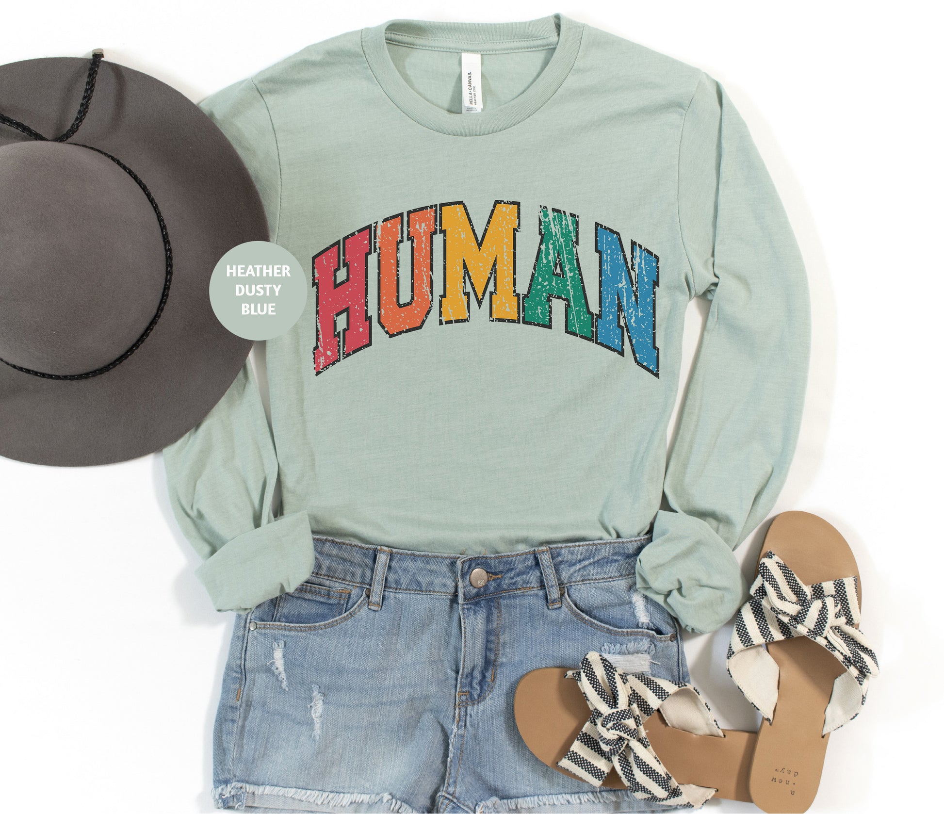 a shirt that says human with a hat and sandals