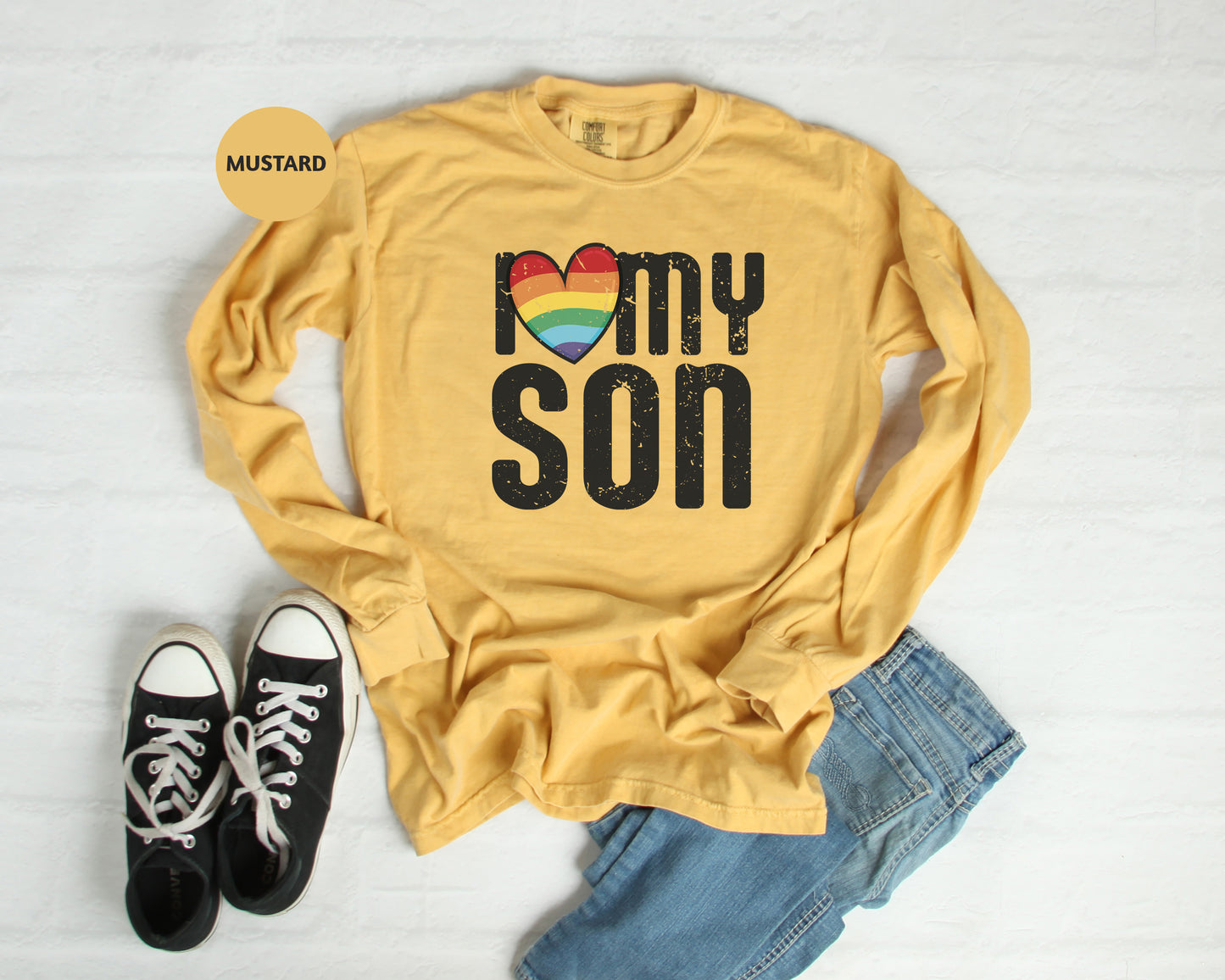 a yellow shirt that says i love my son with a rainbow heart