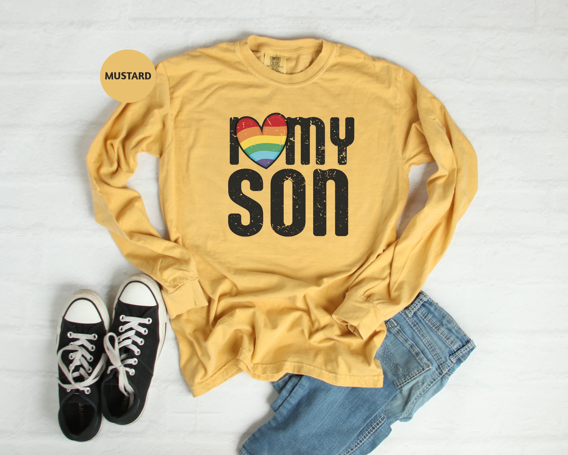 a yellow shirt that says i love my son with a rainbow heart