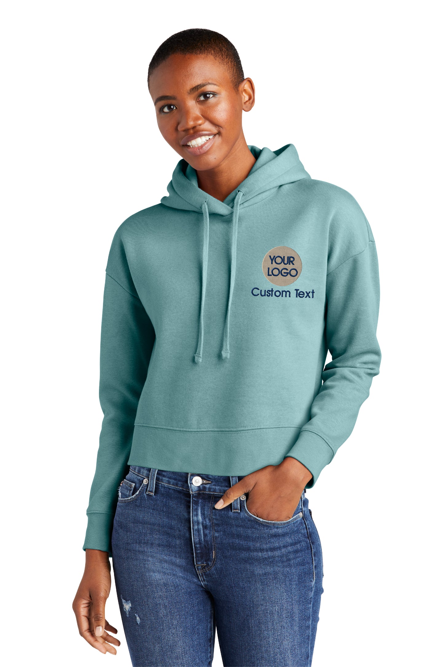 a woman wearing a blue hoodie with the words custom text on it