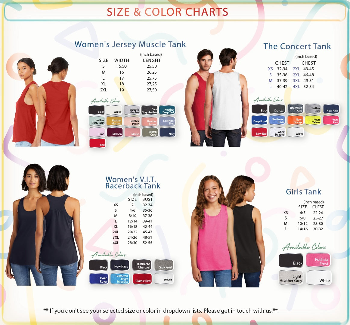 a women's tank top with different colors and sizes