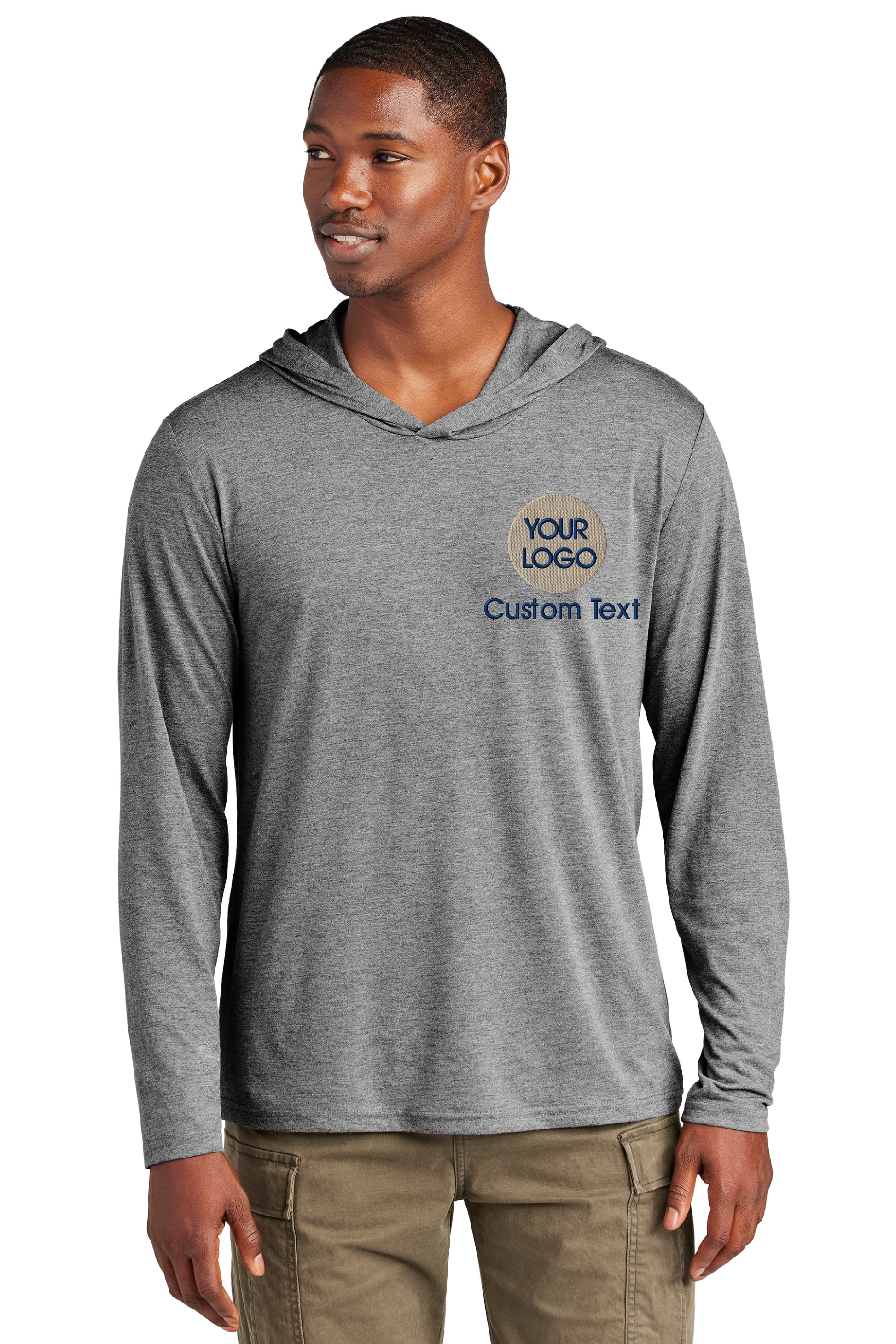 a man wearing a gray hooded sweatshirt with the words your color test on it