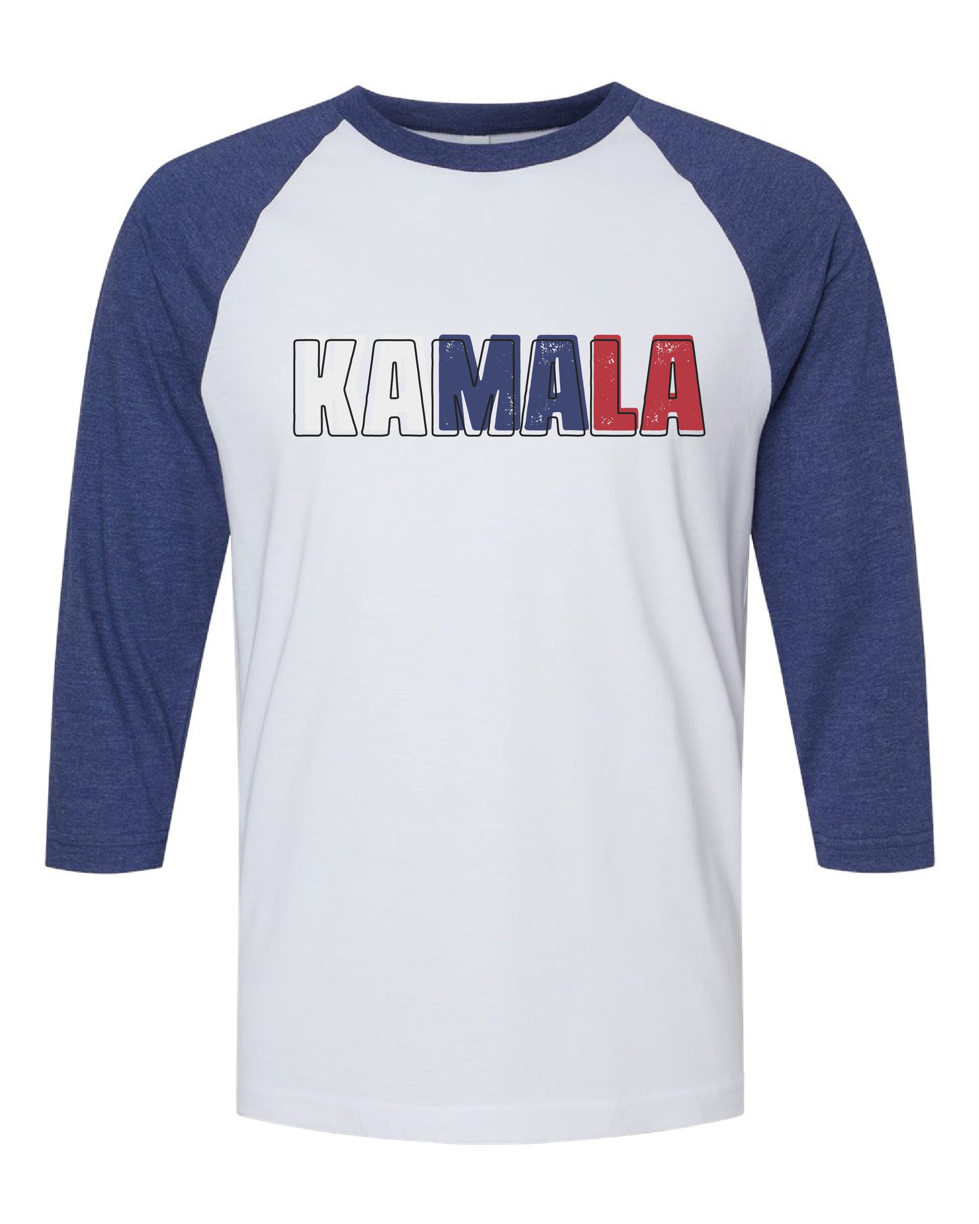 a white and blue baseball shirt with the word kaamala on it