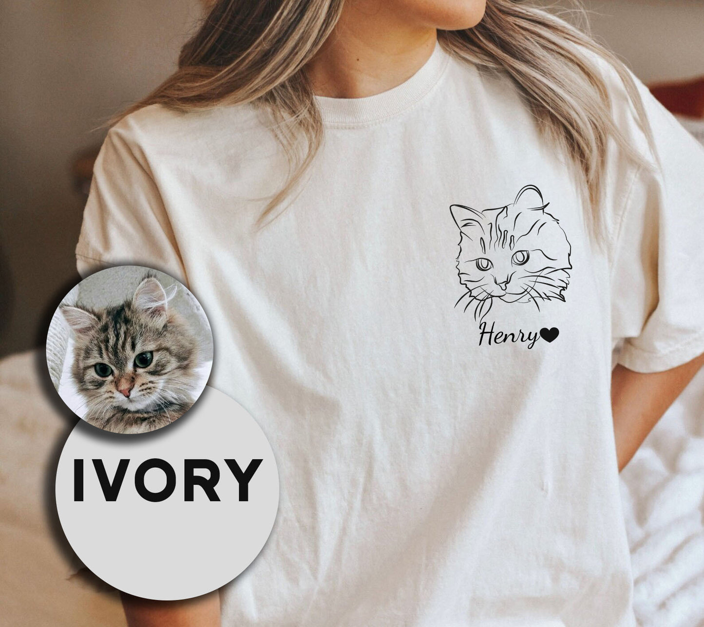 a woman wearing a t - shirt with a picture of a cat on it