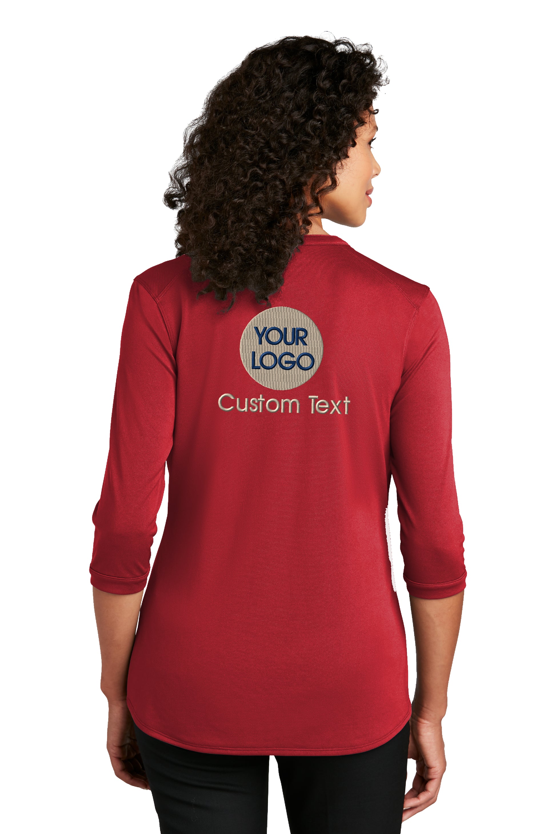 a woman wearing a red shirt that says your logo on it