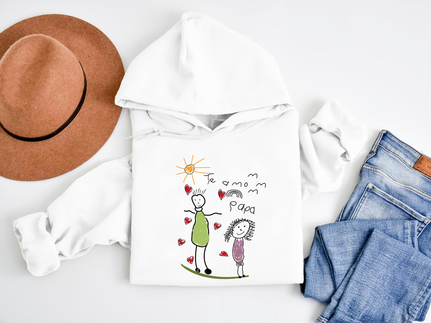 a white hoodie with a drawing of a man and a woman on it