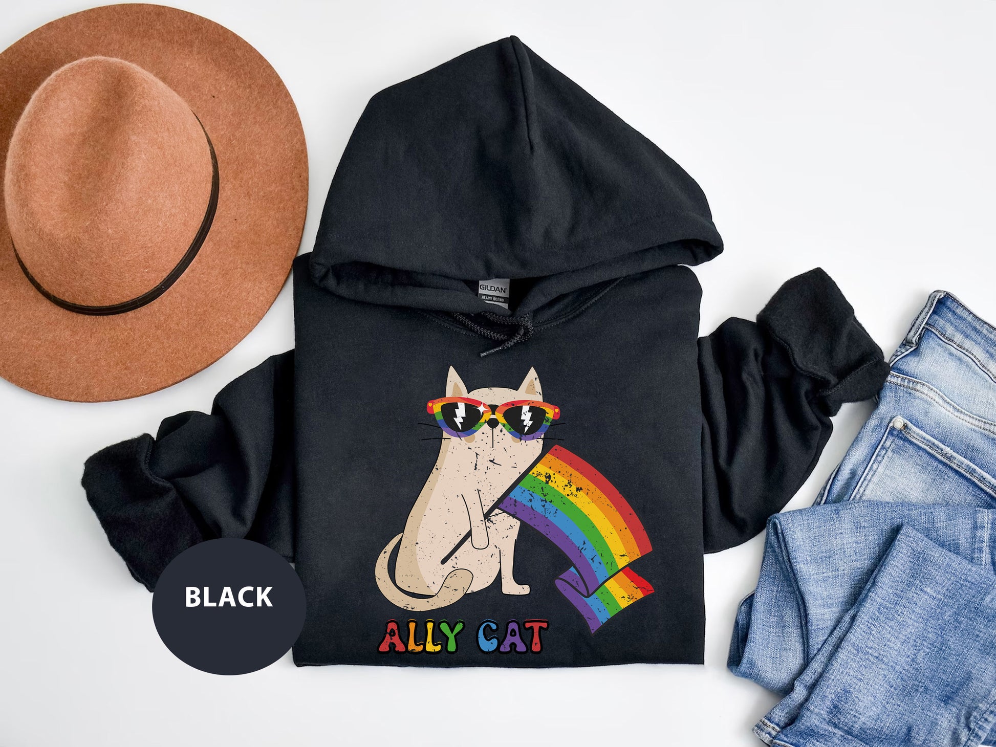 a black hoodie with a cat wearing sunglasses