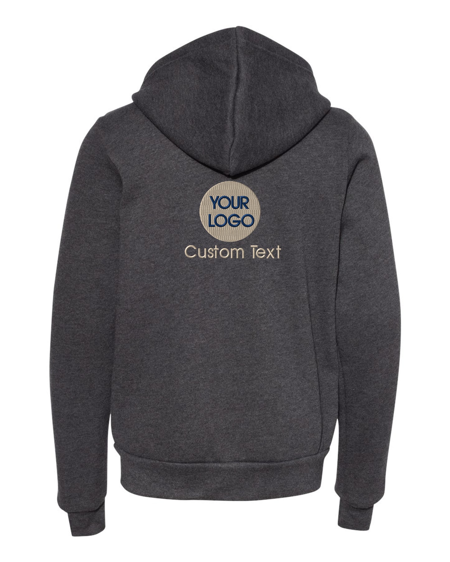 a dark gray hoodie with a logo on it
