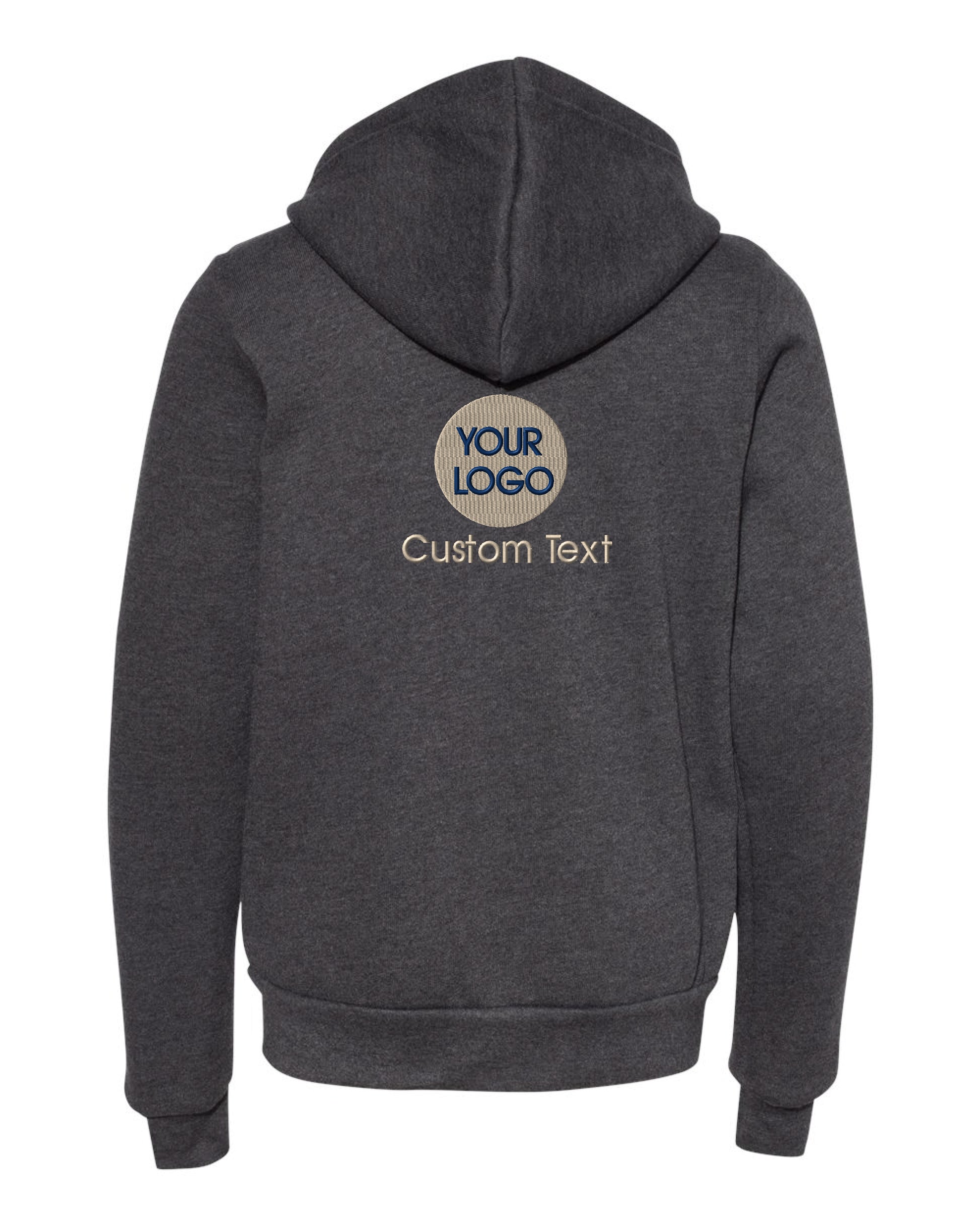 a dark gray hoodie with a logo on it