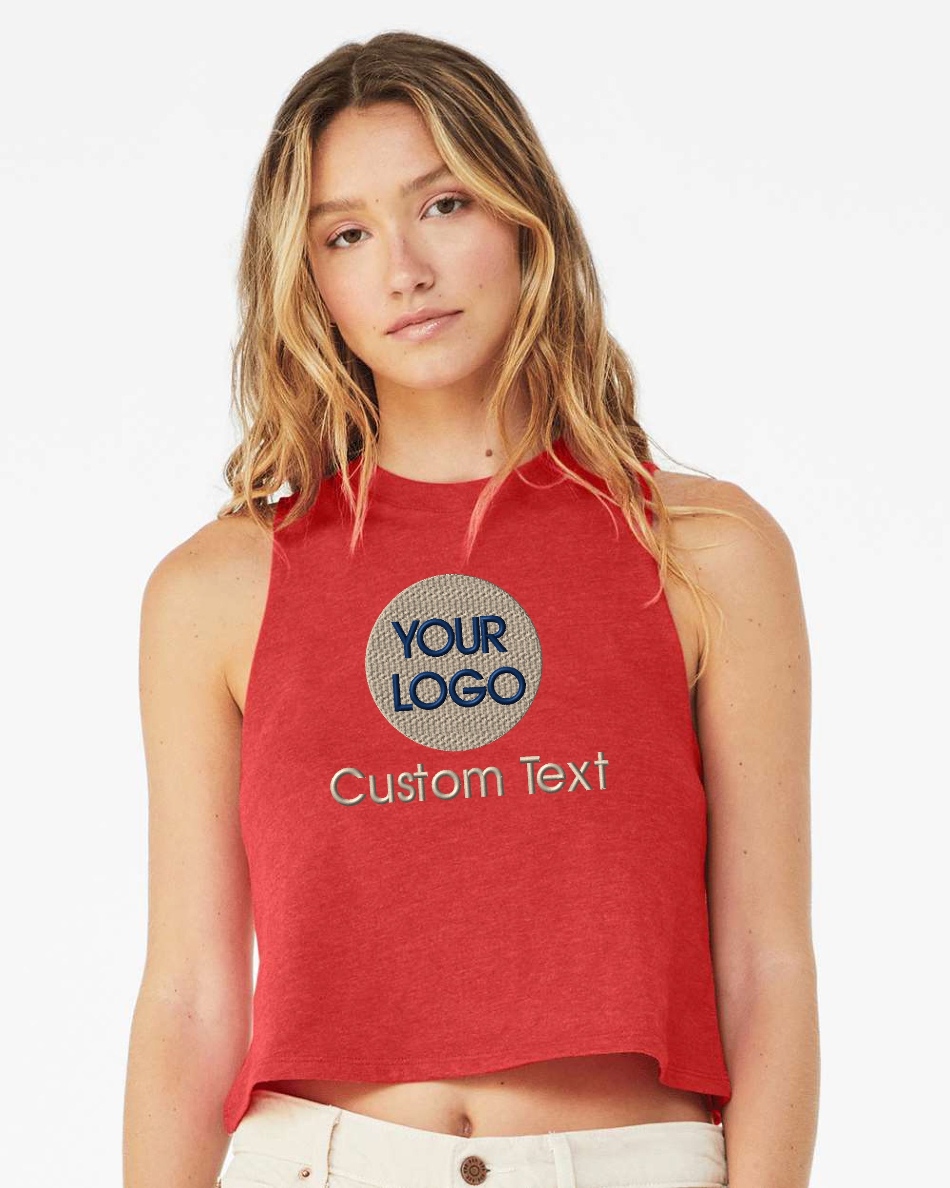 a woman wearing a red crop top with your logo on it
