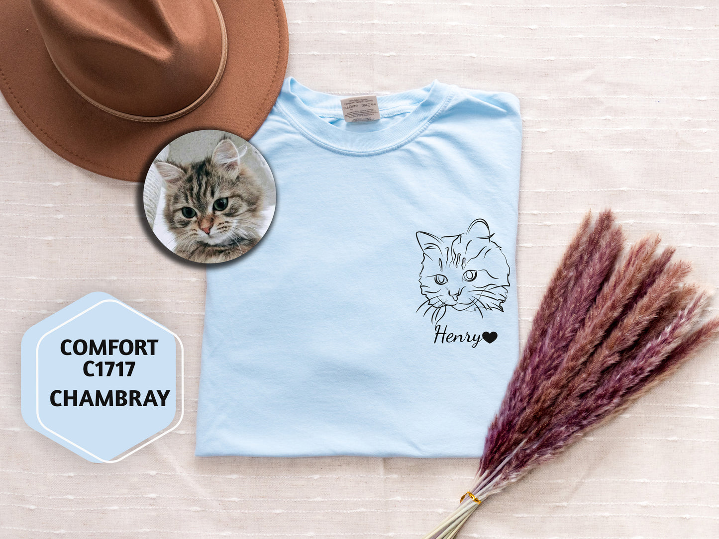 a blue t - shirt with a picture of a cat on it next to a