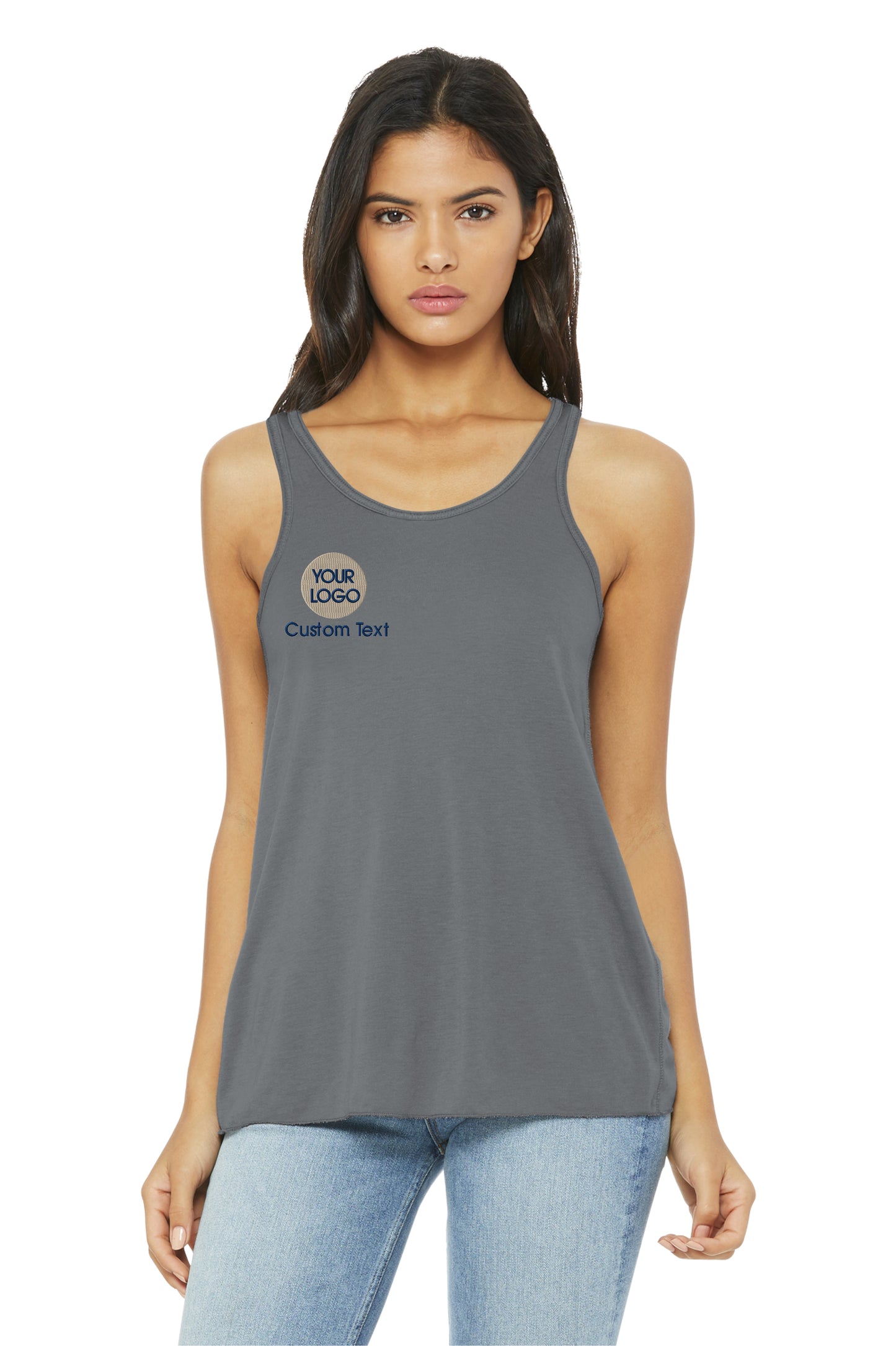 a woman wearing a grey tank top with a blue logo on it