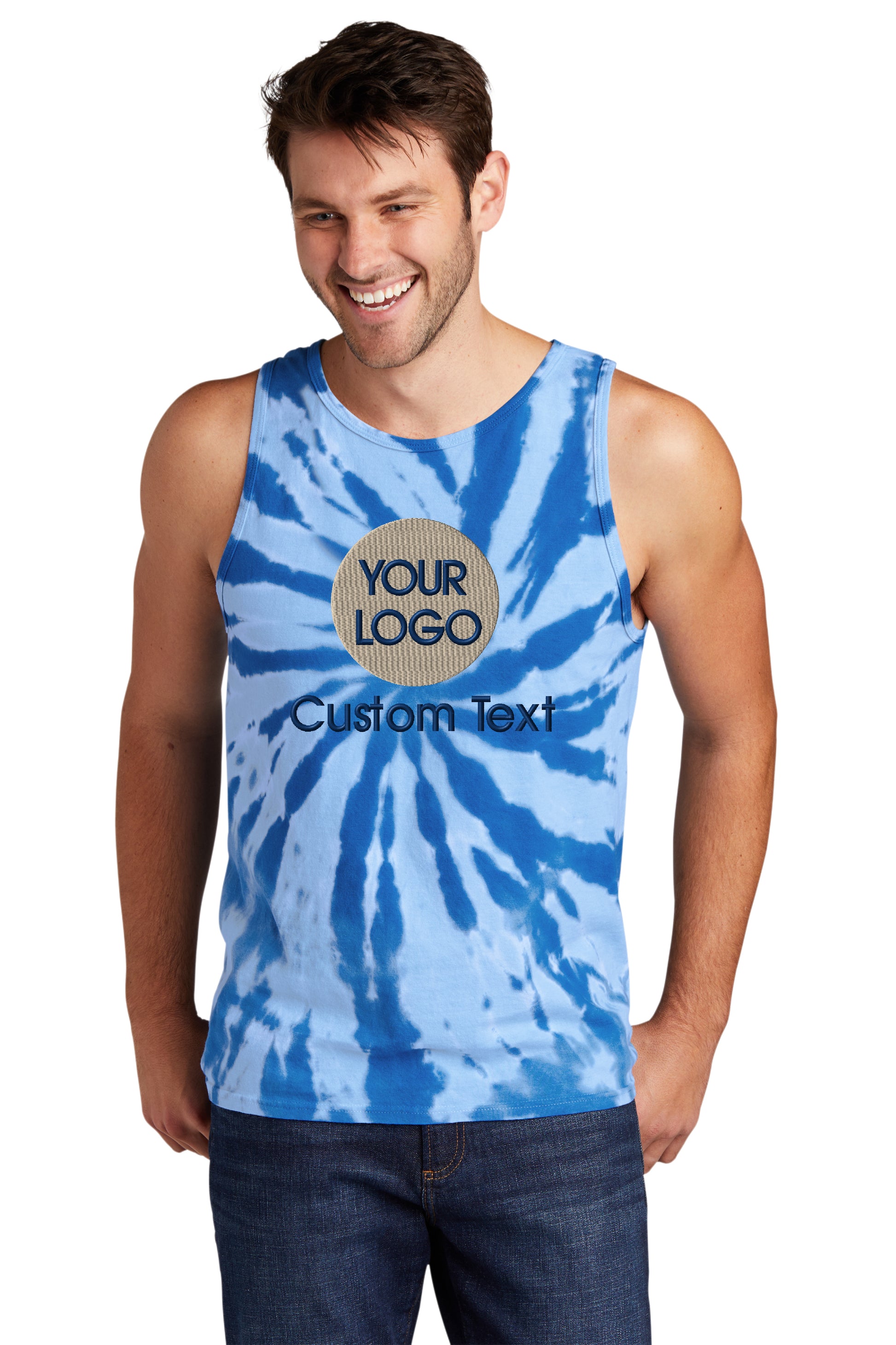 a man wearing a blue tie dye tank top