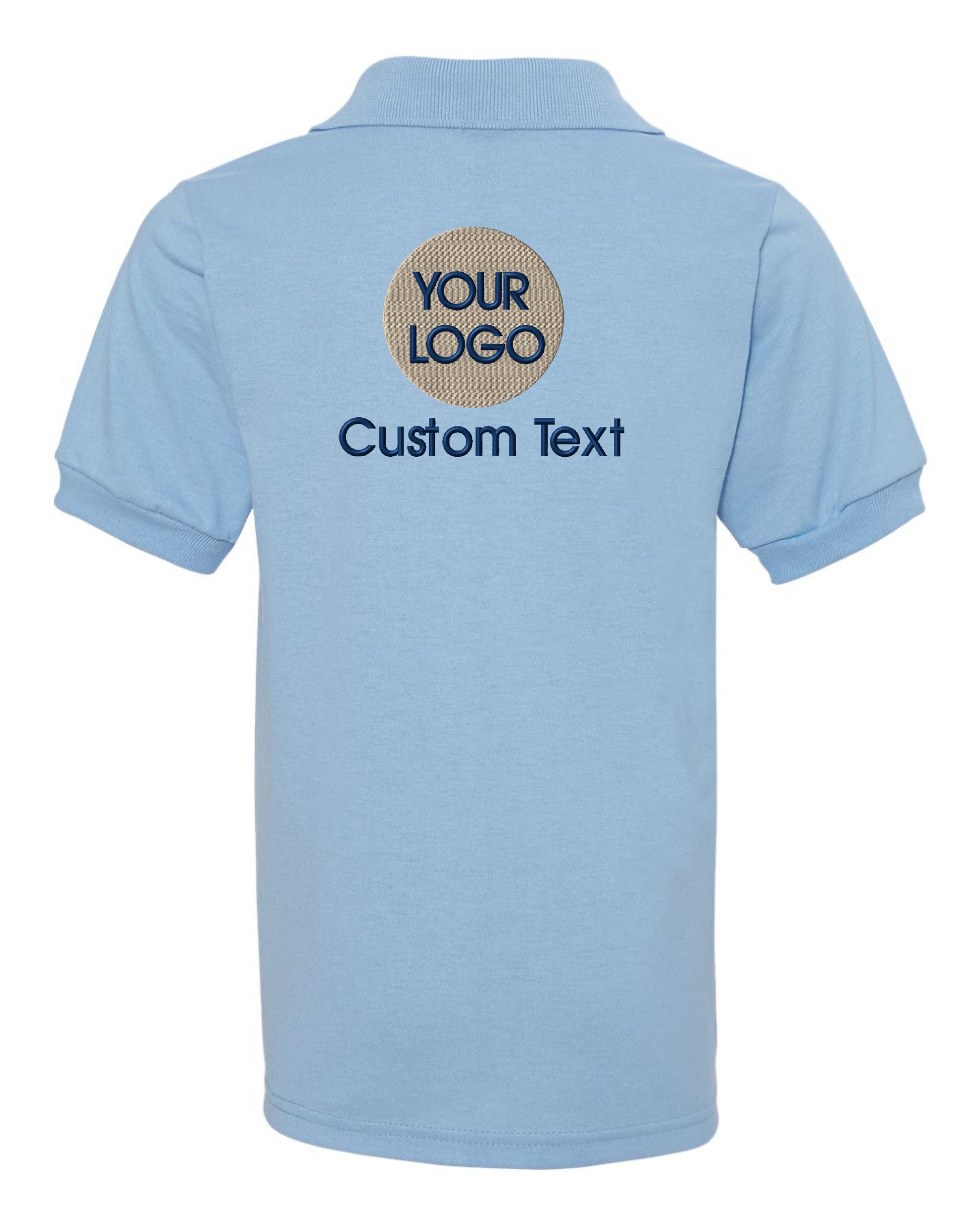 a light blue polo shirt with the words your logo on it
