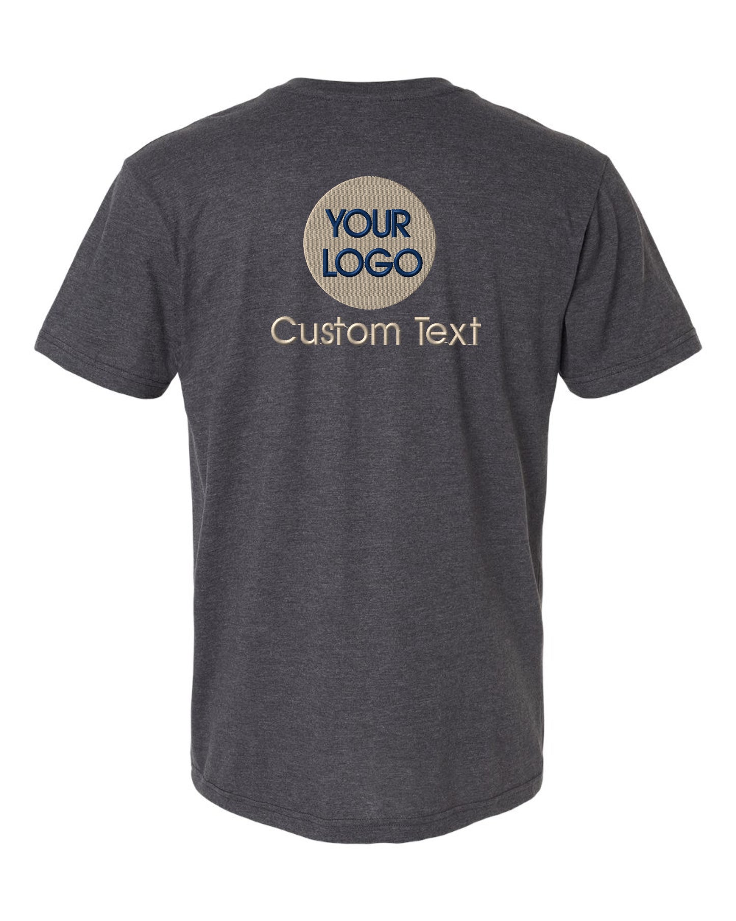 a gray t - shirt with a circular logo on it