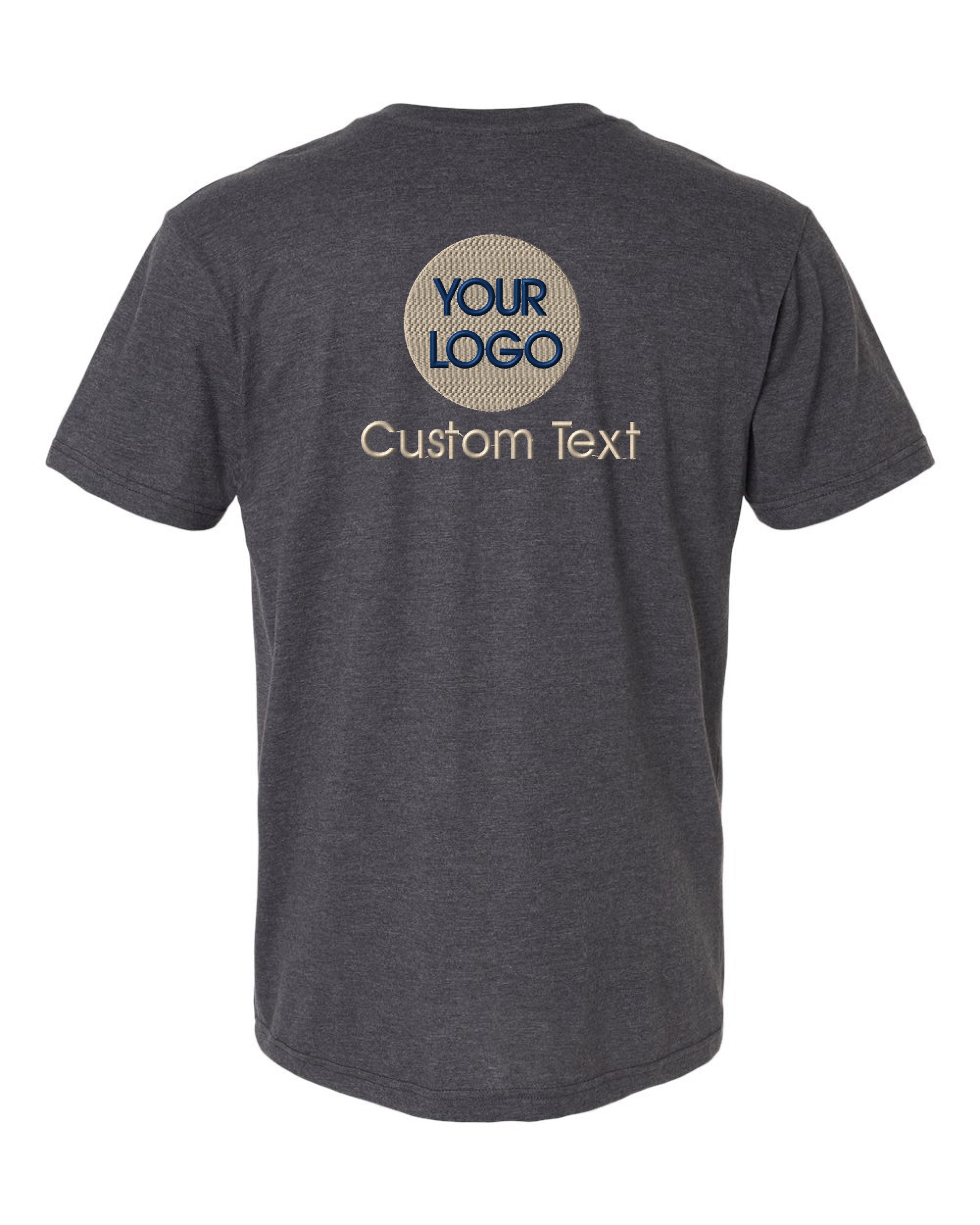 a gray t - shirt with a circular logo on it