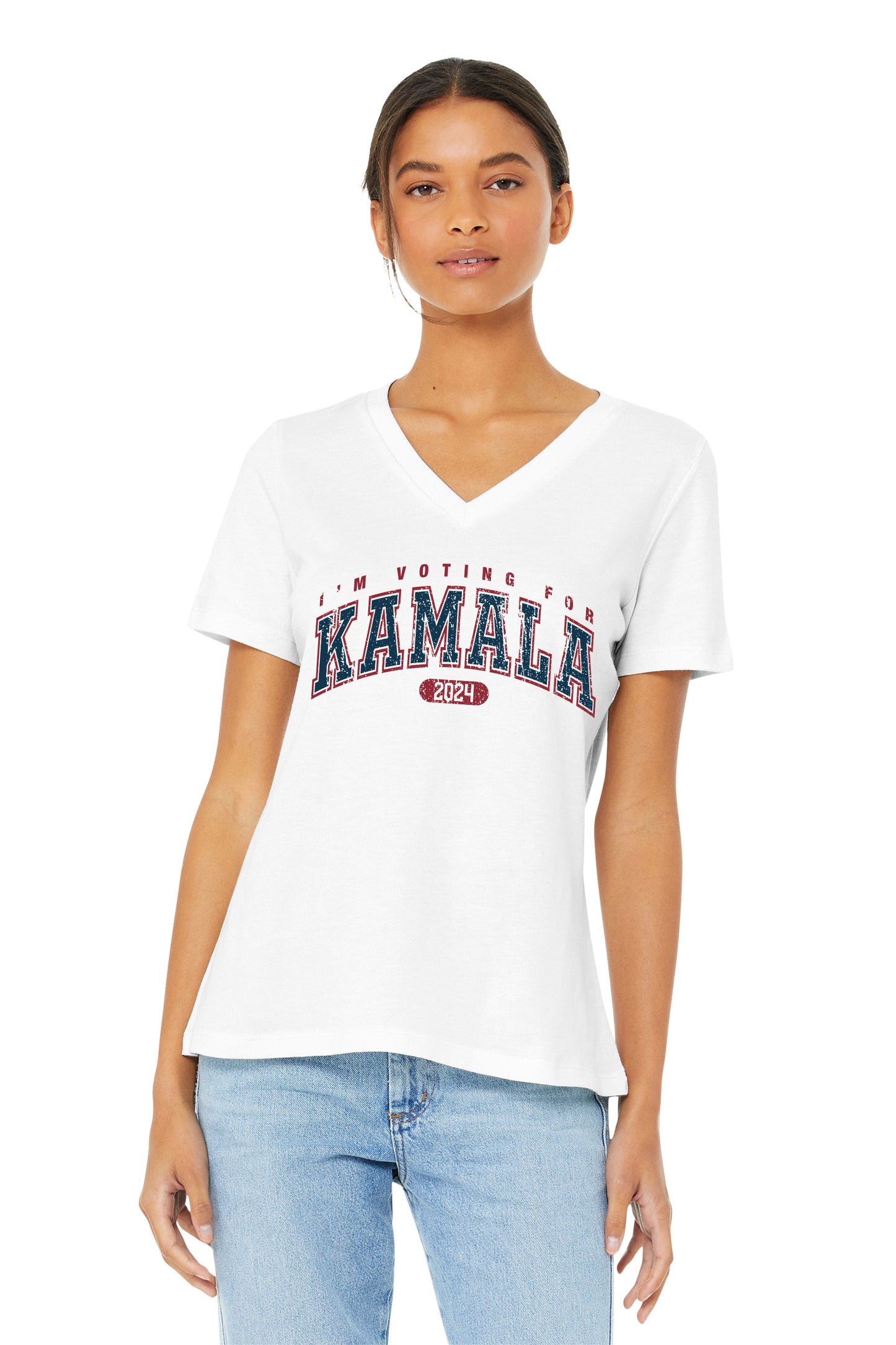 a woman wearing a white t - shirt with the word kaamala on it