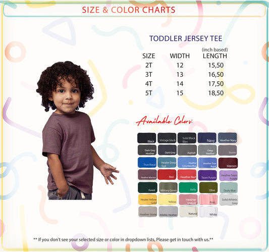 a young child wearing a toddler jersey t-shirt, with a size and color chart displayed next to the child.