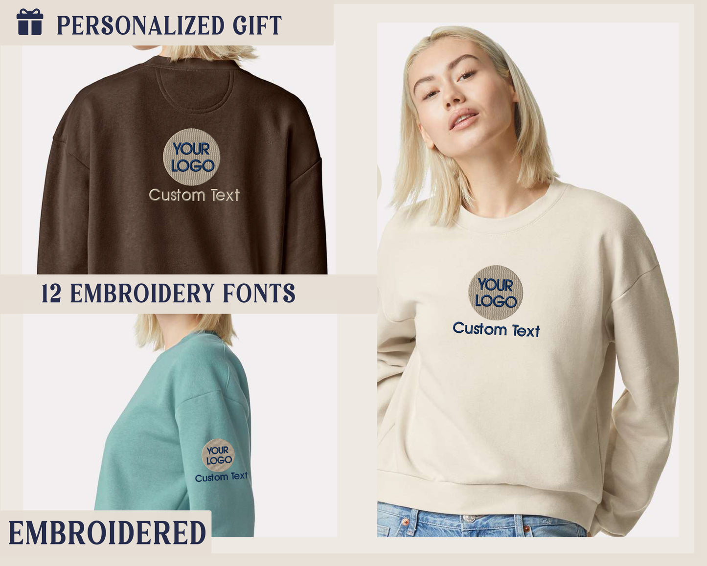 a woman wearing a personalized sweatshirt and jeans