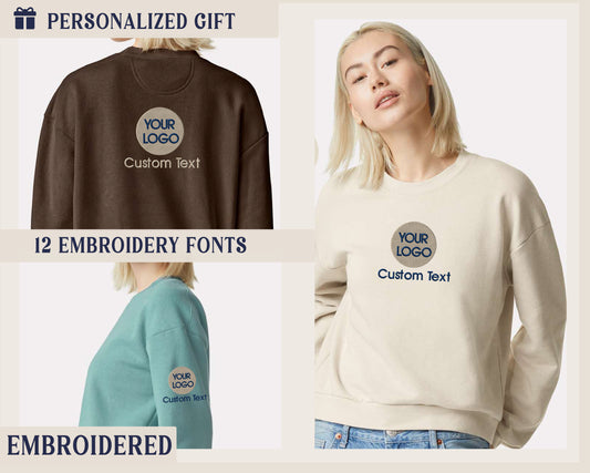 a woman wearing a personalized sweatshirt and jeans