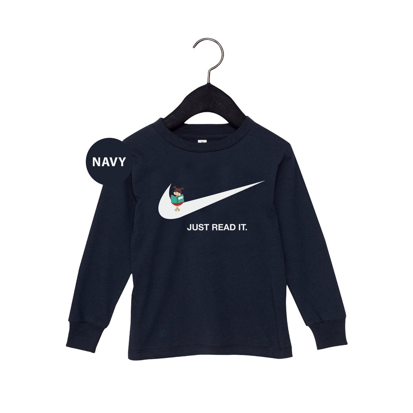 a navy shirt with a white nike logo on it