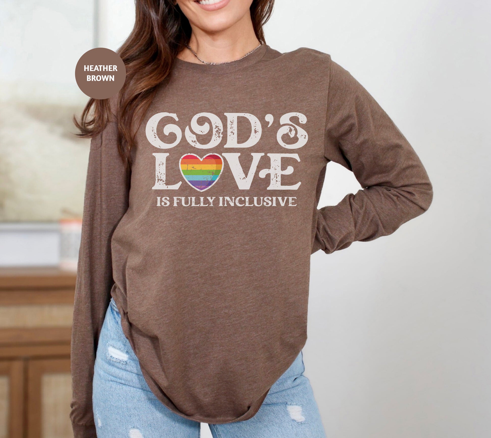 a woman wearing a brown shirt with the words god's love on it