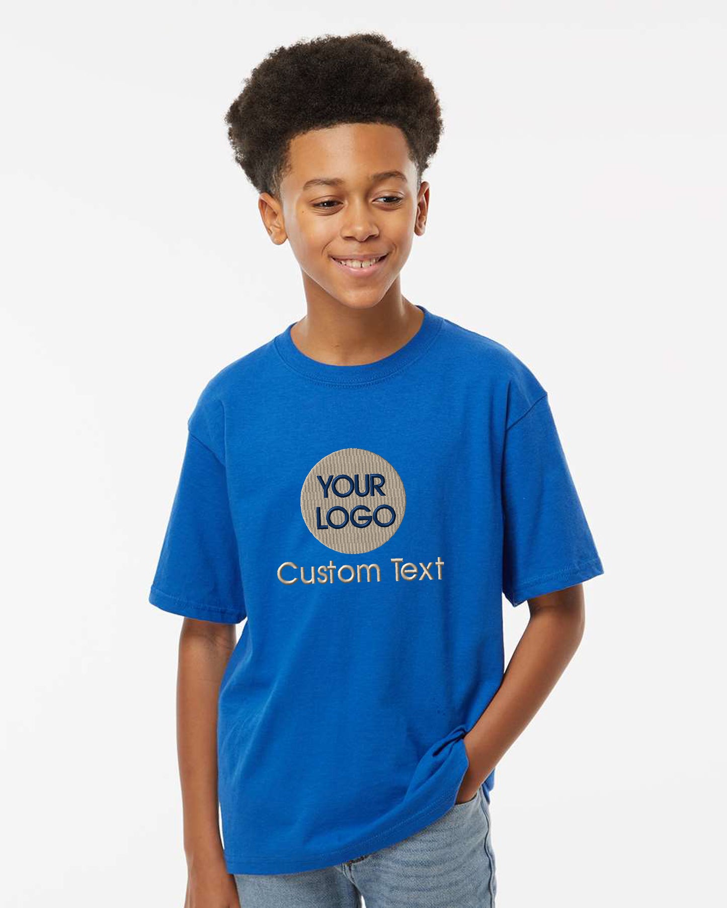 a young boy wearing a blue t - shirt with your logo on it