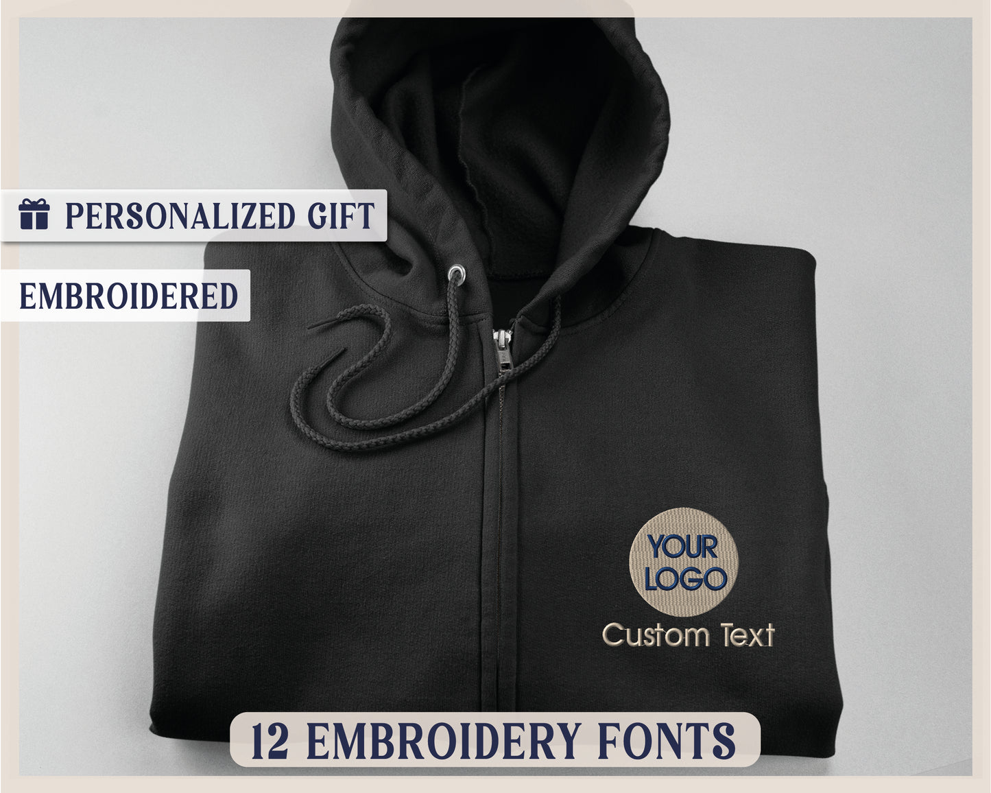 a black hoodie with a custom logo on it